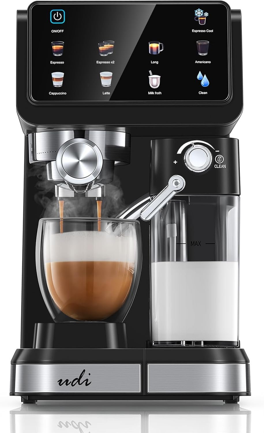 UDI 20 Bar Espresso Machine, 9-in-1 Coffee Maker with Automatic Milk Frother & Detachable Milk Tank, One-Touch Cappuccino Latte Macchiato Americano Iced Espresso, Self-Cleaning Function for Home Use