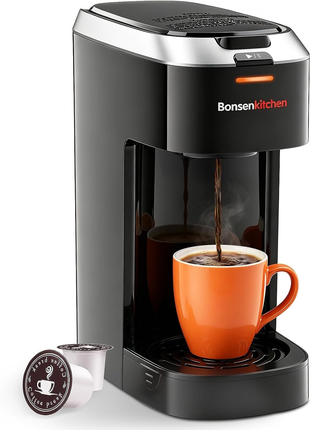 Bonsenkitchen Single Serve Coffee Maker, 6-14 oz Brew Sizes,Fast Brewing, Travel Mugs Friendly, Compact Portable Coffee Machine for Small Spaces, Ideal for Kitchen, Office, Dorm, RV – Black