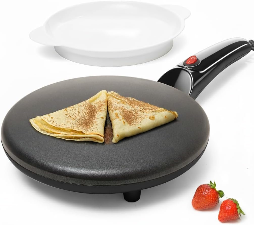 Moss & Stone Electric Crepe Maker – 8” Portable Crepe Pan Nonstick with Dipping Plate, Auto Shut-Off, On/Off Switch, Even Heating & One Automatic Temperature Control – Compact Crepe Maker