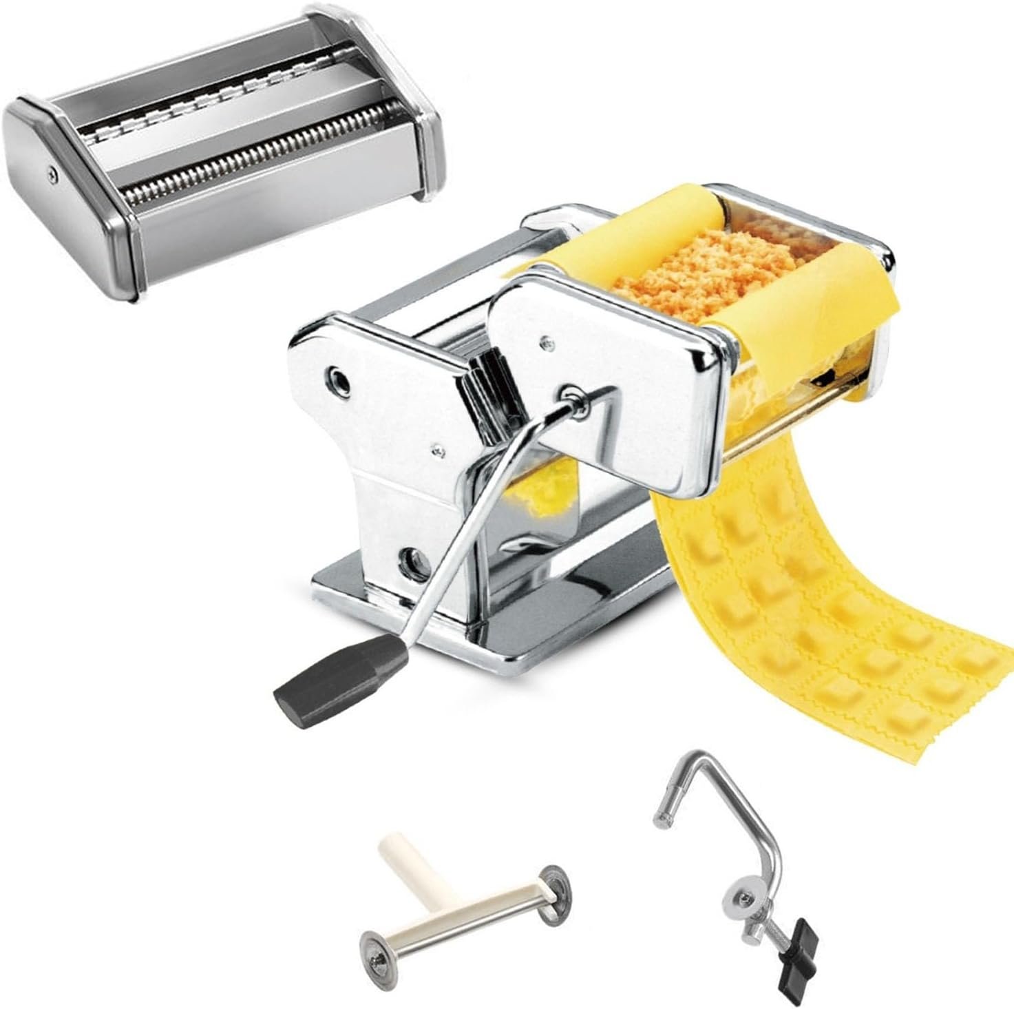 Manual Pasta Maker Machine – 9 Adjustable Thickness Settings – Dual Blade with 2.0/4.5mm Pasta Cutter, Ravioli Maker – Stainless Steel