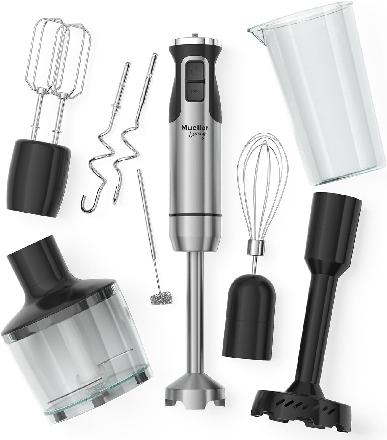 MuellerLiving Immersion Hand Blender Full Set – 8 Speed Immersion Blender, Hand Mixer with 7 Attachments: Stainless Steel Blade, Whisk, Milk Frother, Beater, Mixing Hooks, Potato Masher, Chopper Bowl