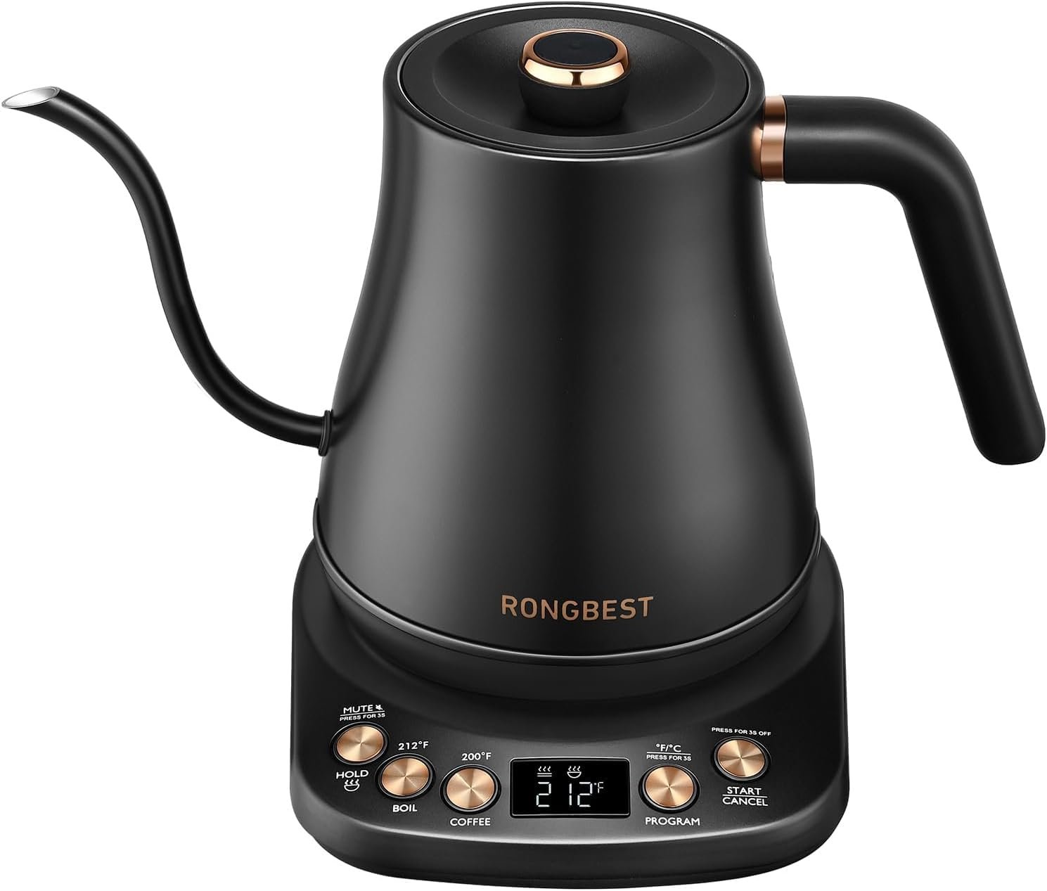 RONGBEST Electric Gooseneck Kettle 1L, 6 Temperature Control Presets, 1200W Quick Heating Water Pour Over Coffee & Tea Pot with Auto Shut-off & Keep-warm, Stainless Steel Inner & Lid, Matte Black