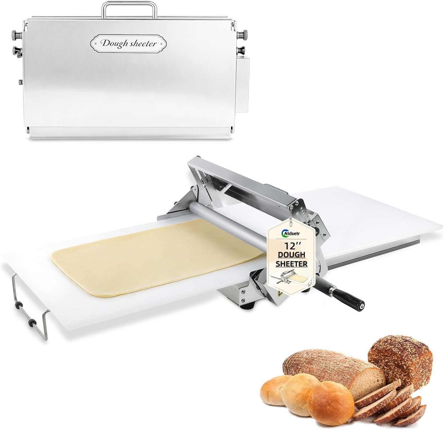 Folding Dough Sheeter (12″)，Folding Dough Rolling Machine，Manual Dough Sheeter，Dough Sheeter Machine For Home，Stainless Steel Dough Machine With 55 Adjustable Thicknesses,(1 Scrolling Panel)