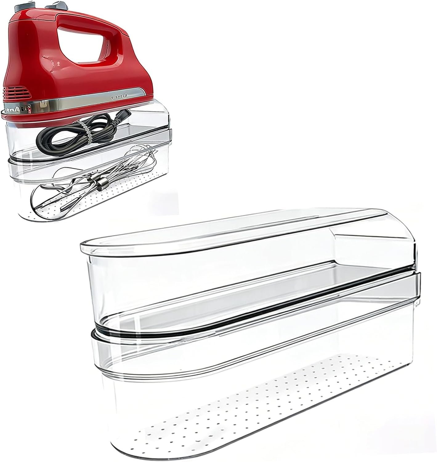 Clear Hand Mixer Storage Case – 2-Layer Acrylic Kitchen Organizer and Countertop Holder for Kitchen Aid & Other Hand Mixers, Utensils, Whisks, and Mixing Accessories – Dustproof, Space Saving
