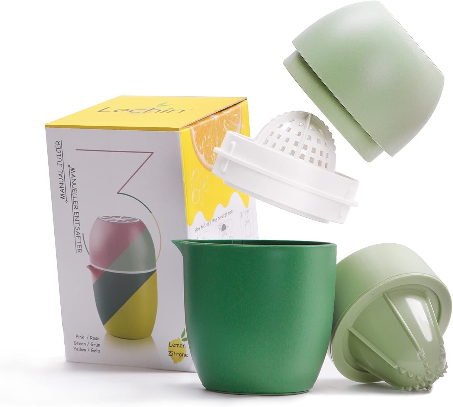 Lechin Hand Juicer – Citrus Juicer with Lemon Shape – Hand Lemon Juicer with Two Press Options for Different Fruits (Green)