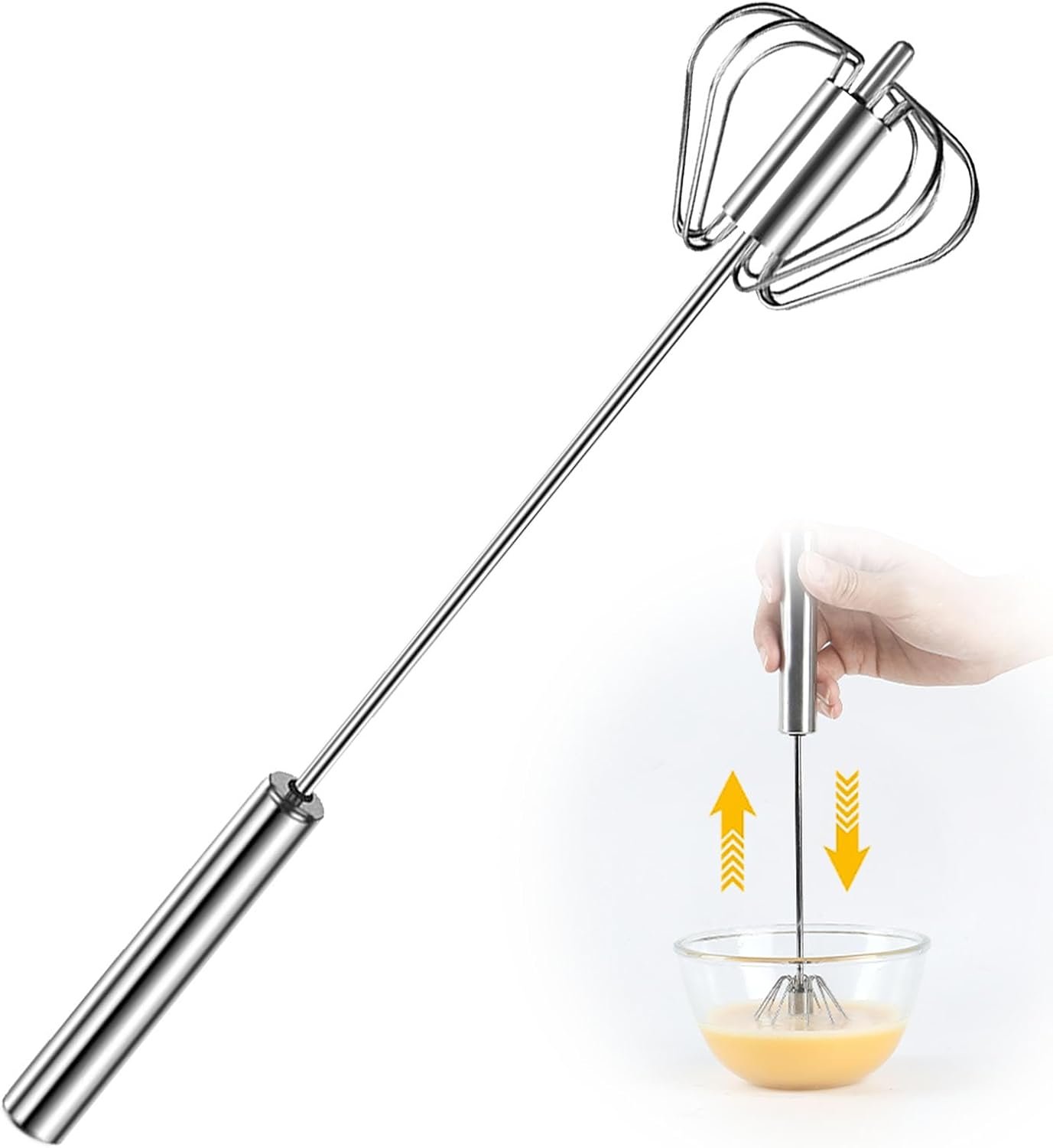 Stainless Steel Semi-Automatic Whisk, 2026 New Stainless Steel Egg Whisk Hand Push Rotary Whisk Blender, Hand Push Mixer Stirrer Tool for Cooking Kitchen Home Egg Milk (10in)