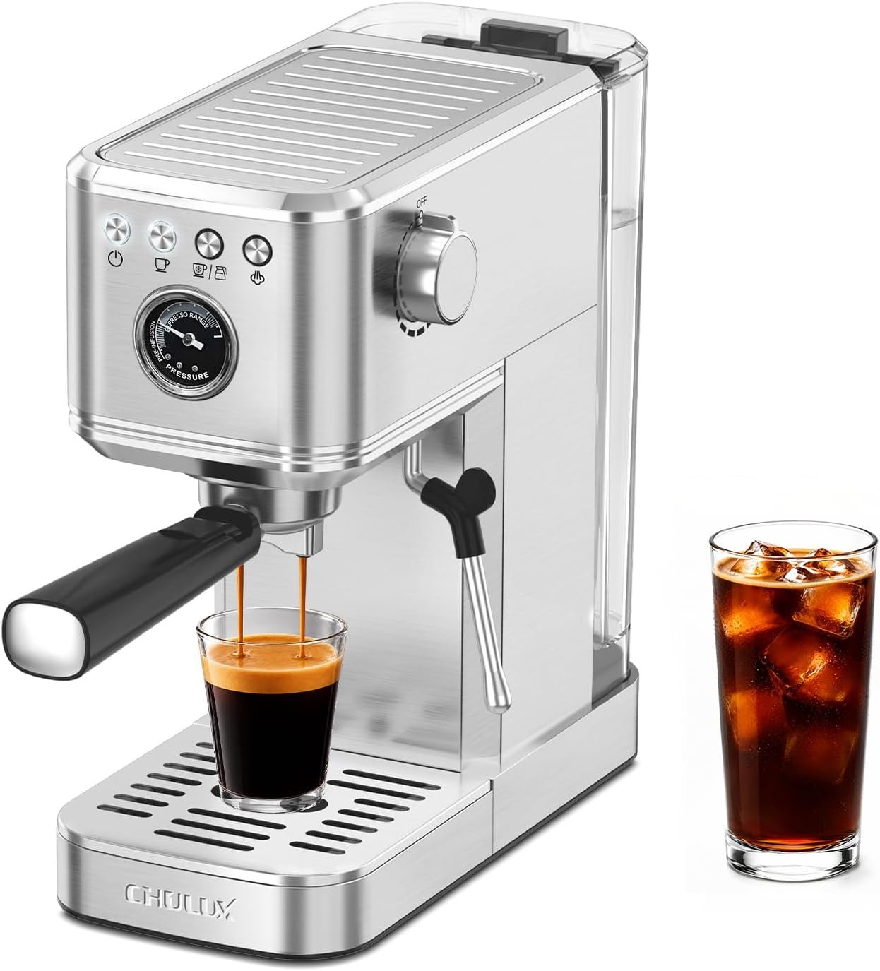 CHULUX Elite Espresso Machine 20 Bar, Compact Stainless Steel Hot and Ice Espresso Coffee Maker with Steam Wand for Americano, Latte, Cappuccino & Home Barista Brewing, Sliver