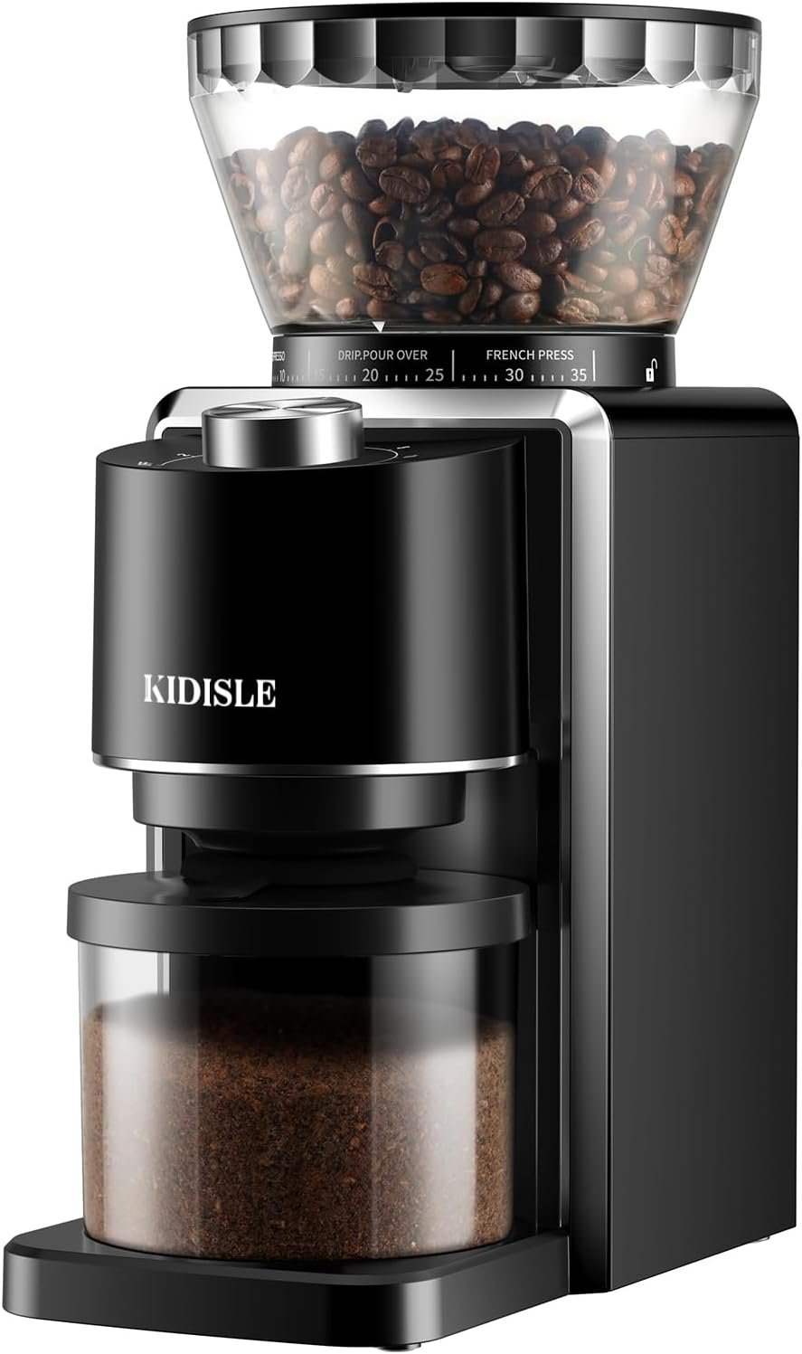 KIDISLE Conical Burr Coffee Grinder, Electric Coffee Bean Grinder for Precise Grinding, 35 Settings, 2–12 Cup Selector, Anti-Static Design for Home Use, Black