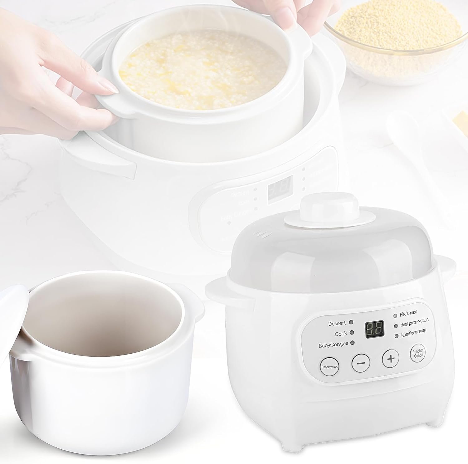 White 1L Mini Slow Cooker with Steamer Basket, 24-Hour Timer and Automatic Keep-Warm Function, 200W Smart Ceramic Electric Slow Cooker, Kitchen Cooking Appliance