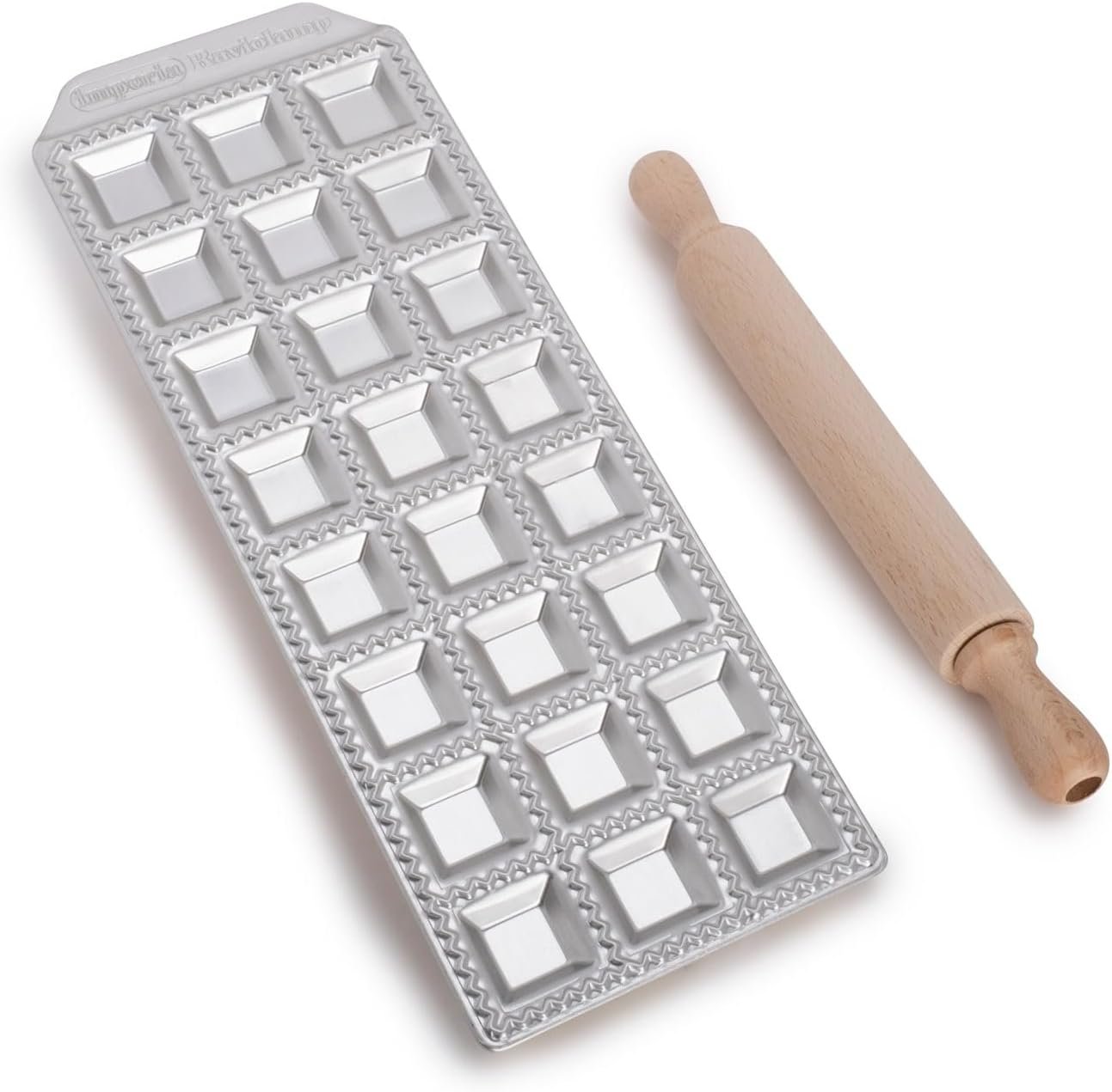 Imperia Ravioli Maker- Mold Makes 24 Classic Raviolis- Made in Italy w Durable Aluminum Construction- Homemade Filled Pasta Maker Accessory with Wooden Rolling Pin- Italian Press Tray is Easy to Use