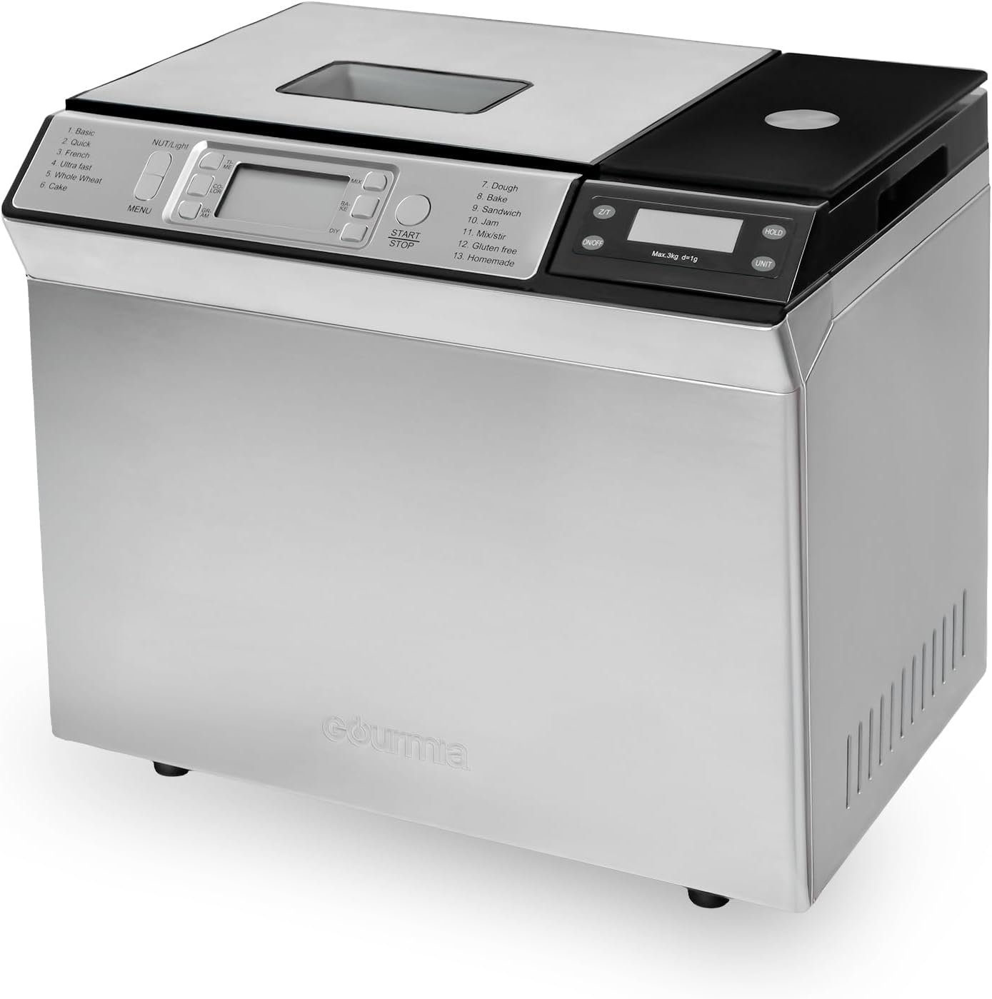 Gourmia Bread Maker with 2 LB Loaf Capacity – 13 Presets Jam Mode, Automatic Ingredient Dispenser, Customizable Crust Options, Keep Warm & Delay Start, Dishwasher Safe Parts