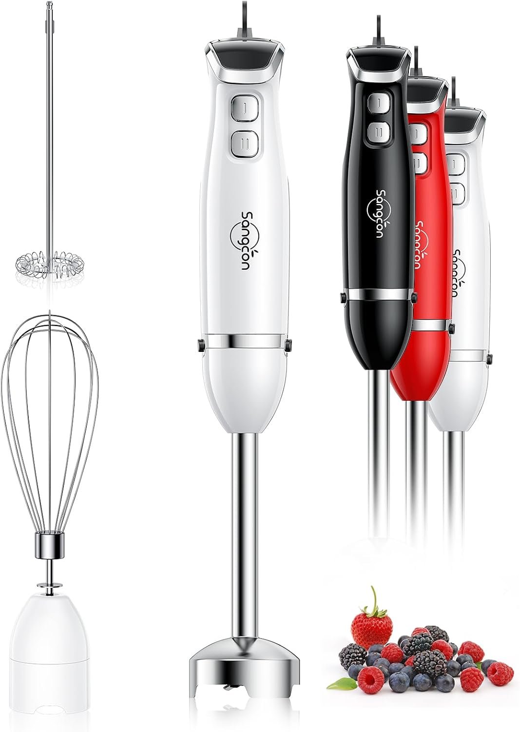 Sangcon Immersion Blender Handheld, 3-in-1 Hand Blender Electric, 400W Handheld Blender, Stainless Steel Blade Stick Blender with Whisk, Milk Frother Attachments – White