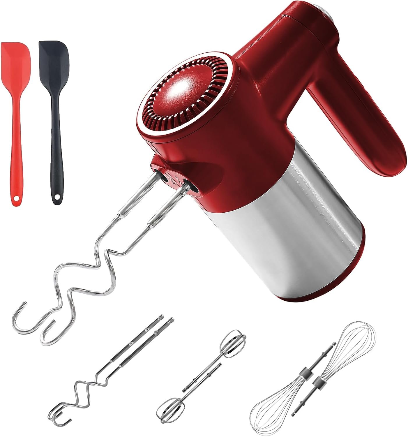 7-Speed Cordless Hand Mixer for Baking – Electric Handheld Mixer with 6 Stainless Steel Attachments, Turbo Boost, Digital Display, Lightweight Cake Mixer for Eggs, Cream, Cookie Dough (Red)