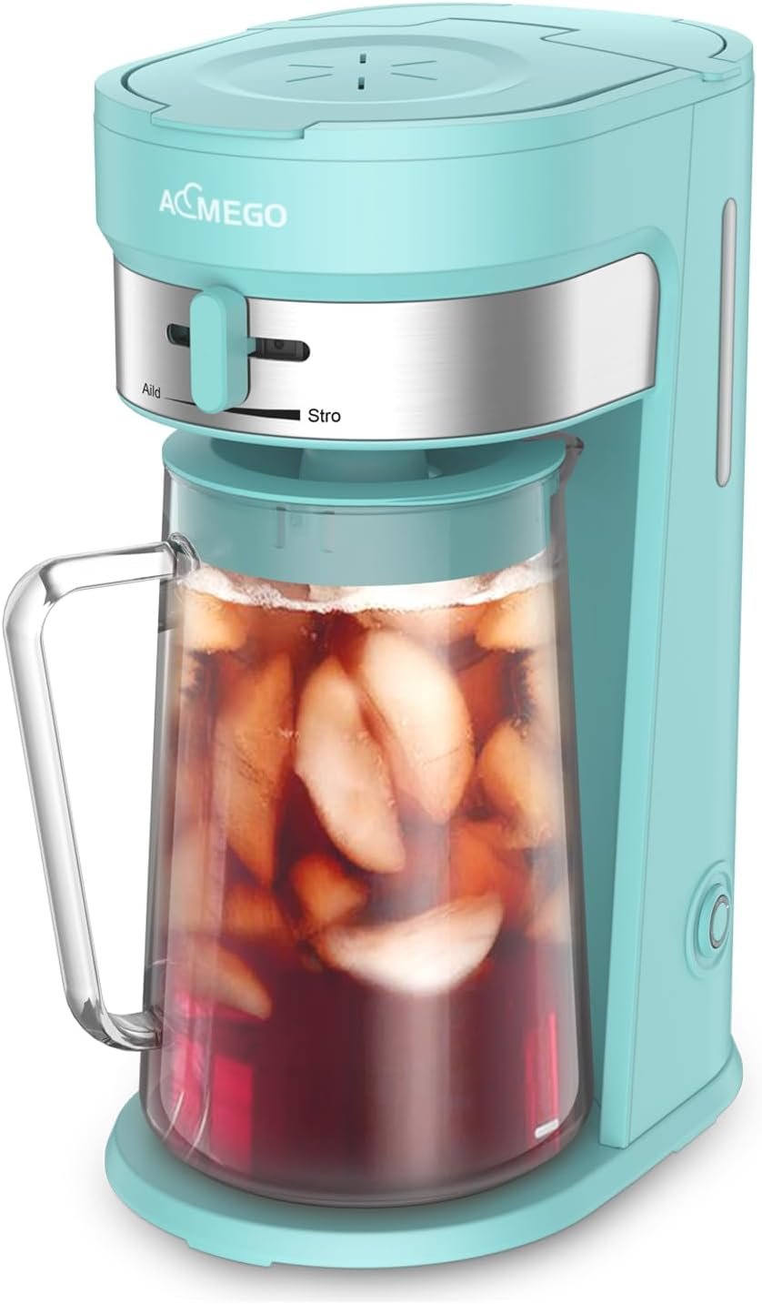 AEMEGO Iced Tea Maker, Brewing System with 2.5-quart Glass Pitcher, sliding strength selector, Stainless Steel Decoration, Reusable Filter (Green)