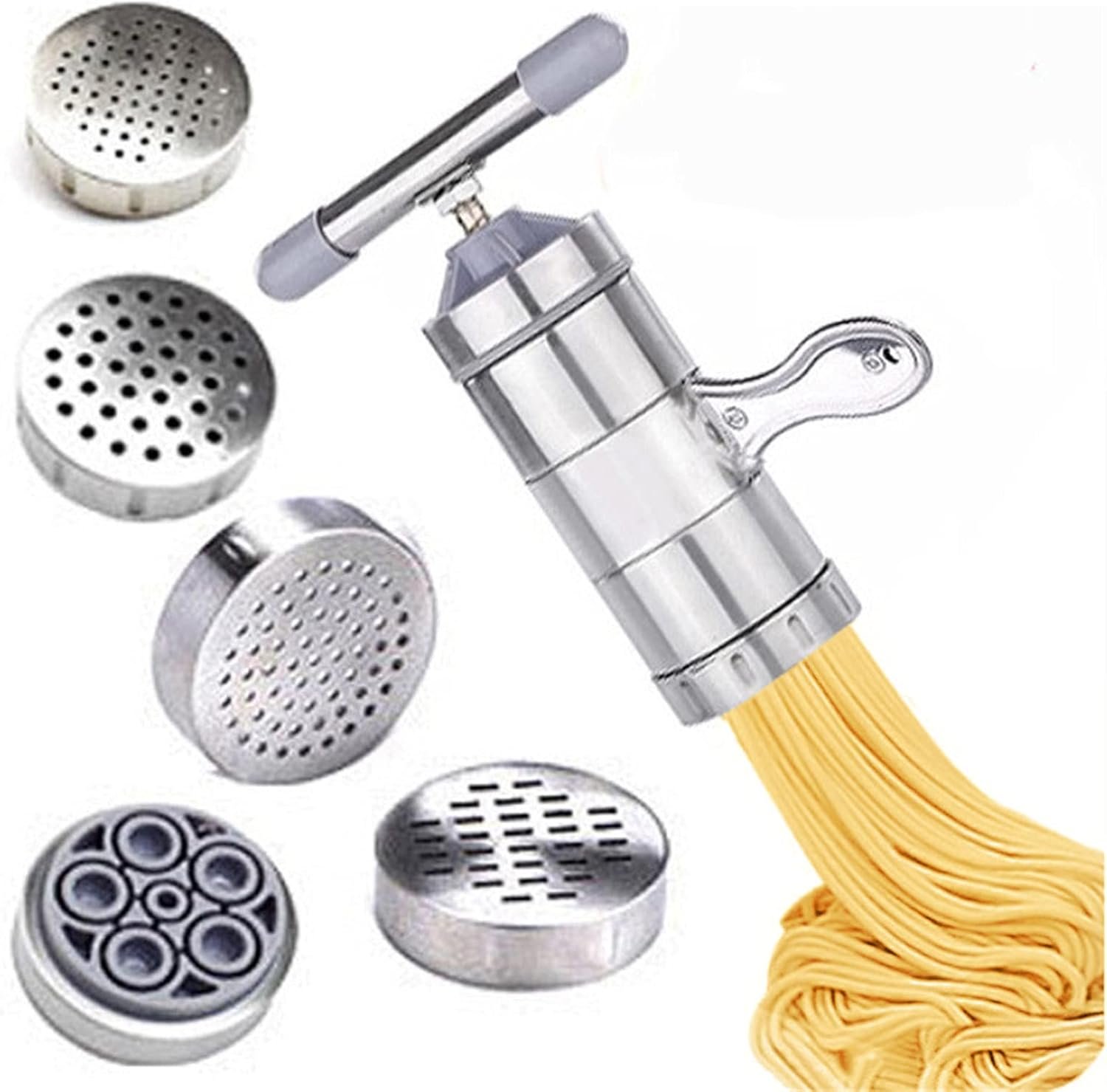 Stainless Steel Manual Noodles Press Hand Crank Spaghetti Fettuccine Noodle Dough Press Machine Pasta Maker with 5 Noodle Mould, Fruit Juicer Squeezer (18.5x14cm)