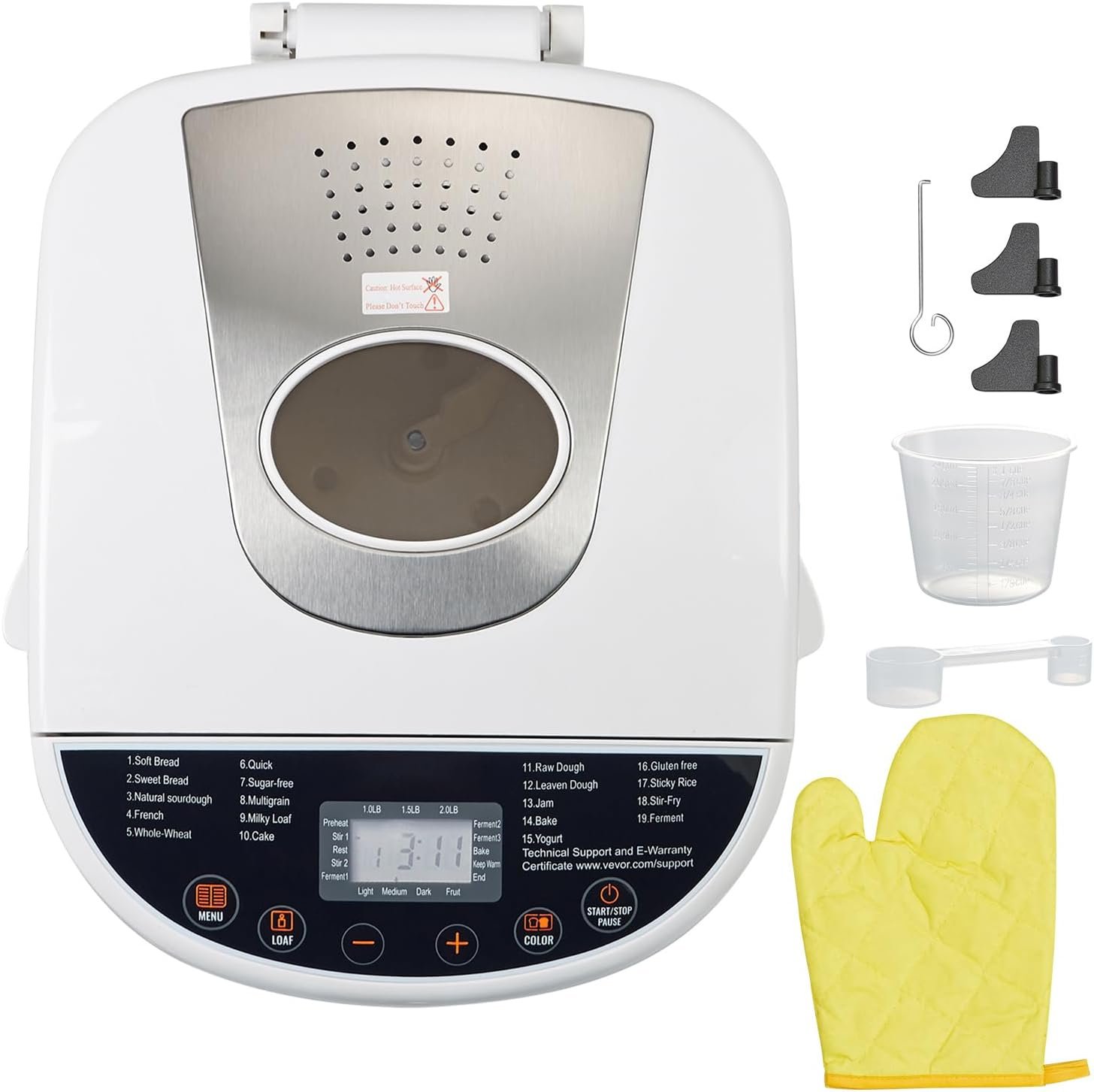 Happybuy 19-in-1 2LB Bread Maker, Digital Programmable Dough Machine, Gluten-Free, Ceramic Nonstick Pan, 3 Loaf Sizes, 3 Crust Colors, White