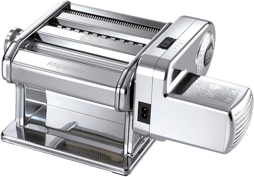 MARCATO Made in Italy Ampiamotor 110V Pasta Machine, Chrome Steel. Set includes Ampia 150, handcrank, clamp, Pastadrive motor, and instruction manual.