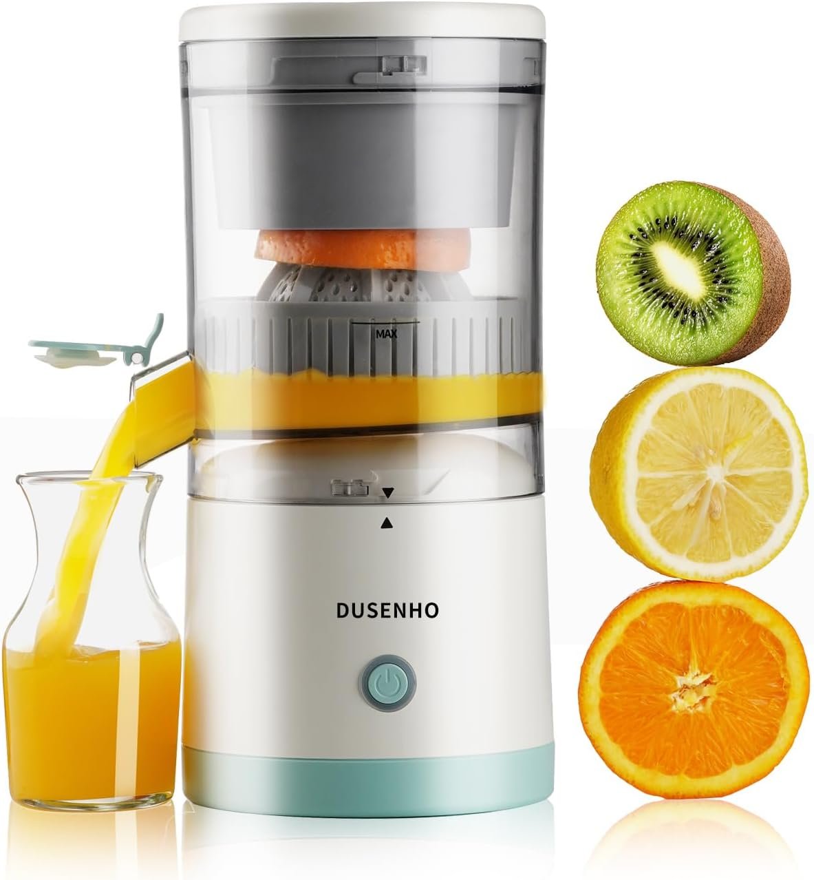 DUSENHO Electric Juicer Rechargeable – Citrus Machines with USB and Cleaning Brush Portable for Orange, Lemon, Grapefruit White + Green 9.4 * 4.4 * 5.4 inches