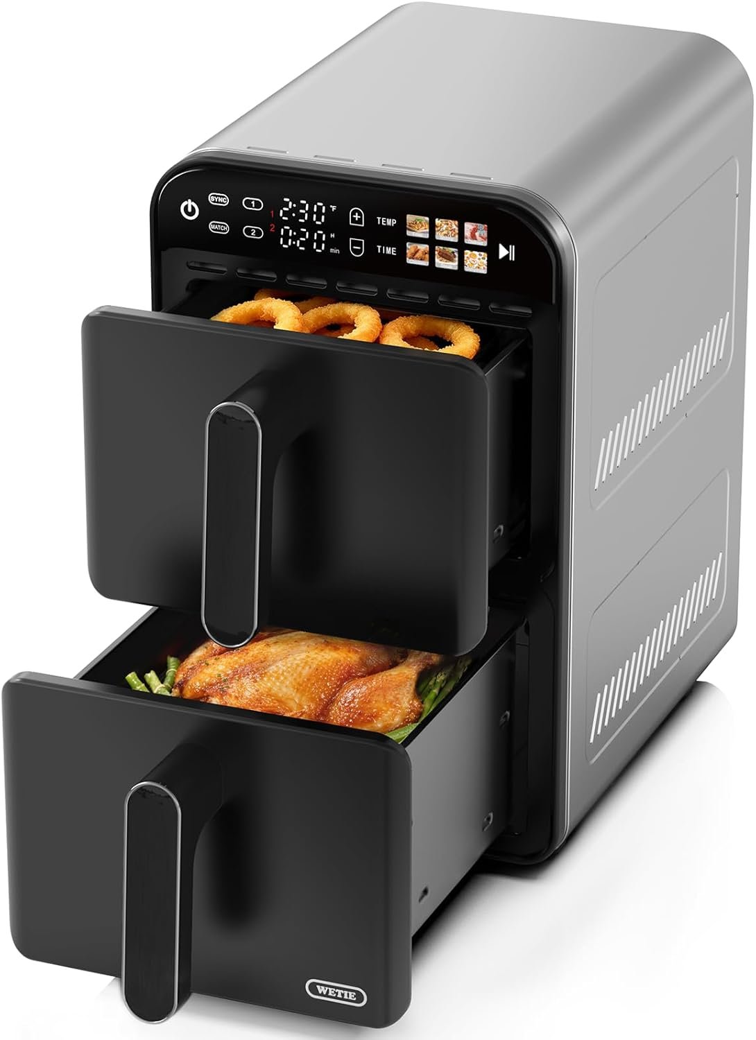 【Upgrade】Air Fryer, Dual Basket Air Fryers, 12QT Double Air Fryer with 2 Stacked Racks, Large Family Size, Touchscreen Controls, 6-in-1 Presets, Roast, Sync & Match Functions, Dishwasher-Safe Parts