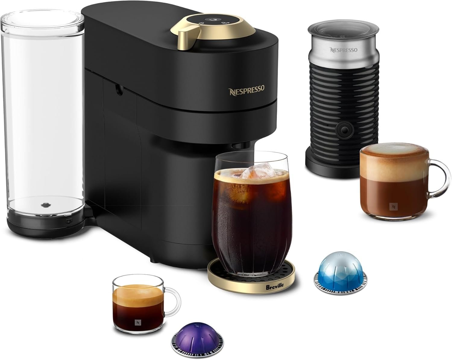 Nespresso Vertuo Pop+ Deluxe Coffee and Espresso Maker by Breville with Milk Frother, Matte Black Gold