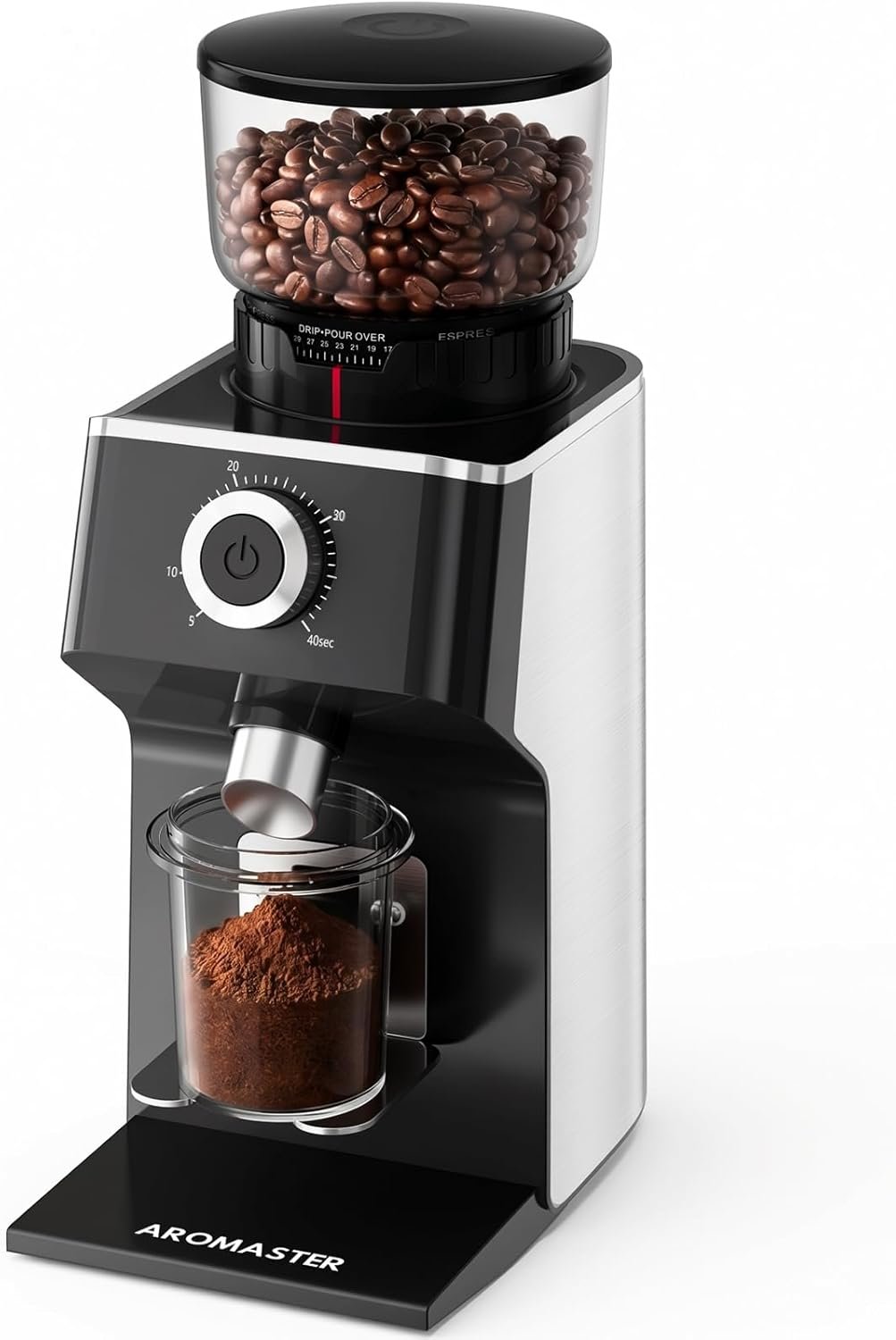 Aromaster Burr Coffee Grinder with 45 Grind Settings,Adjustable 5–40s Timer,Stainless Steel Conical Coffee Bean Grinder for Espresso,Pour Over & French Press, Anti-Static,Easy Clean Brush for Home Use