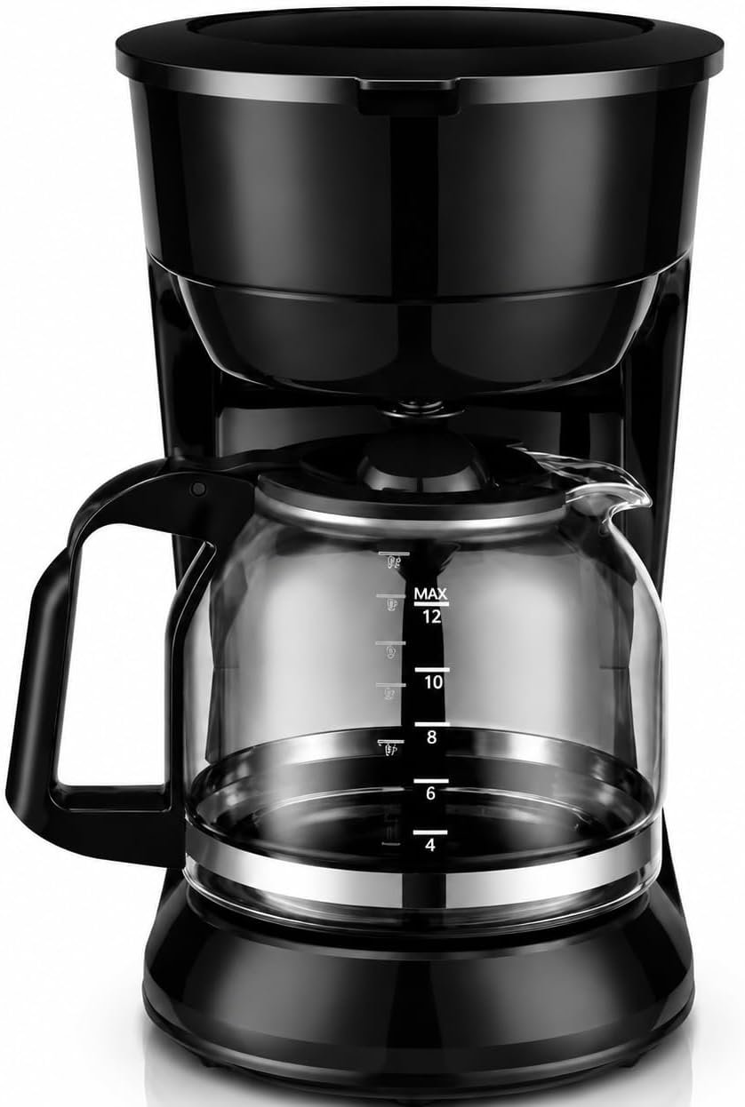 12-Cup Drip Coffee Maker with Glass Carafe, Black, Compact Design for Home Kitchen and Office