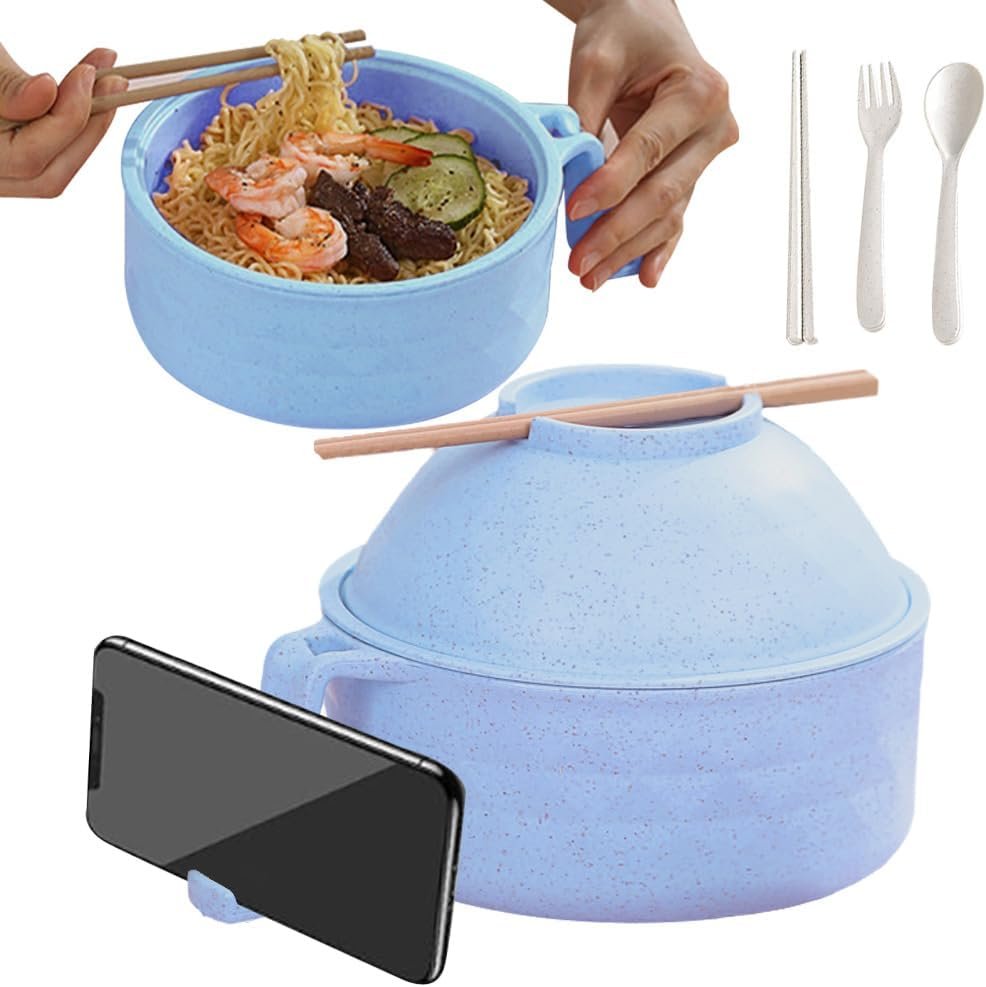 JUDUNA Microwave Ramen Bowl with Lid, 2025 New Ramen Noodles Bowl Set with Chopsticks, Spoon and Fork, Ramen Bowl Microwavable Portable Ramen Cooker, Apartment Essentials (Blue)