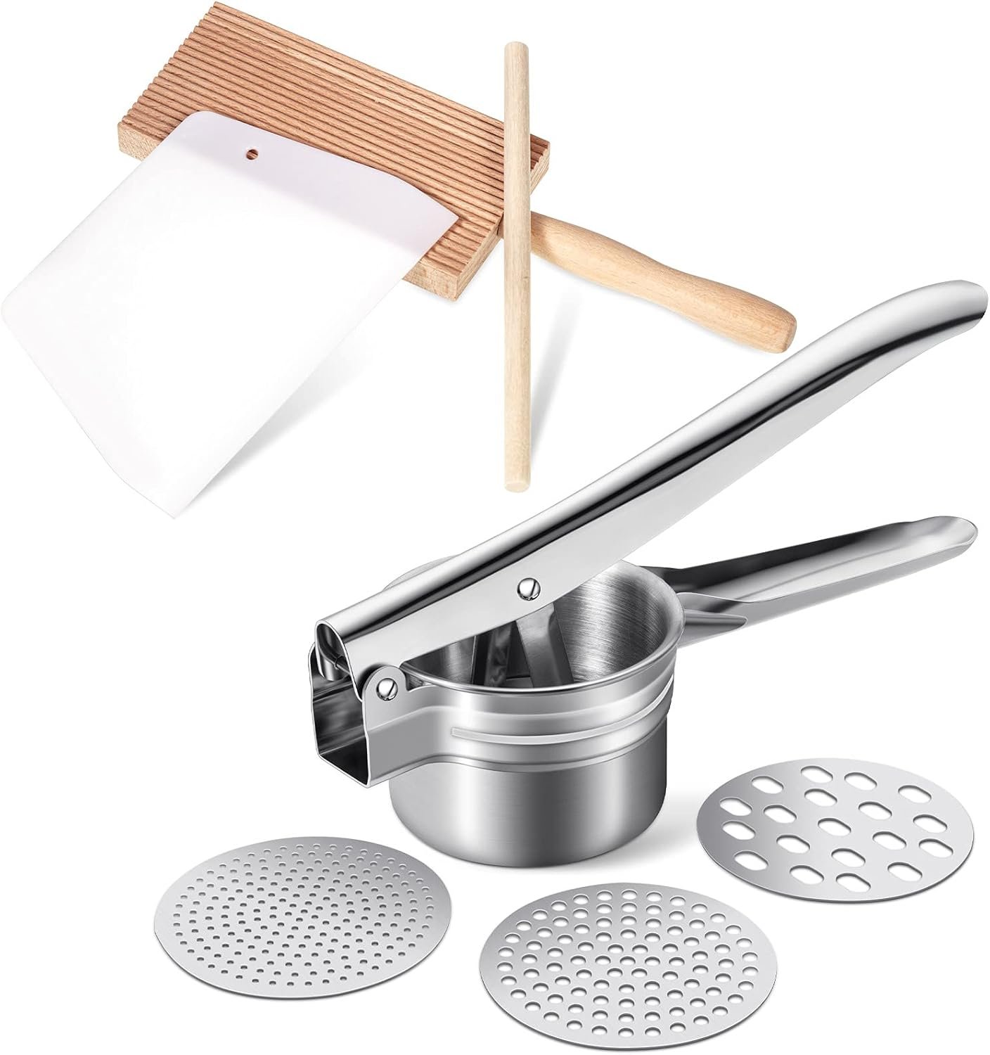 Potato Ricer Set with 3 Interchangeable Discs, Wooden Gnocchi Board, Rolling Pin, Dough Scraper and Pasta Paddle, Stainless Steel Pasta Making Tools for Mashed Potatoes and Dumplings