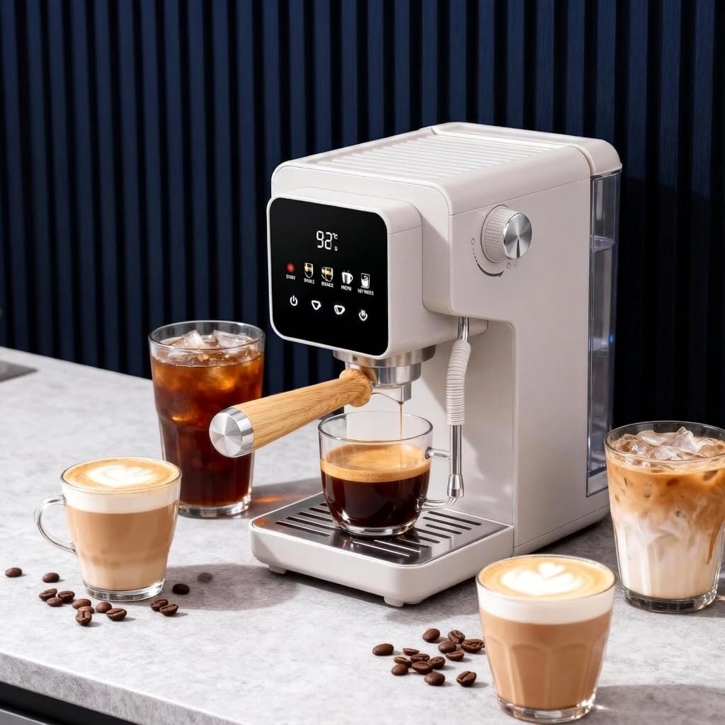 Touchscreen Espresso Machine with Steam Wand, 40.6oz Water Tank | Milk Frother for Cappuccino, Latte, Compact Design, Quick Thermoblock Heating System, 40.6oz Removable Water Tank