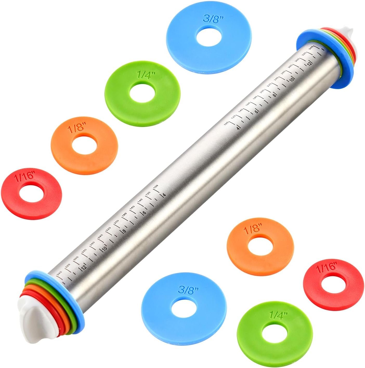 Adjustable Rolling Pin 17” with 4 Thickness Rings for Baking, Stainless Steel Dough Roller with Clear Measurement for Pizza, Fondant, Pie, Cookies, Baking Supplies, Pastry, Pasta
