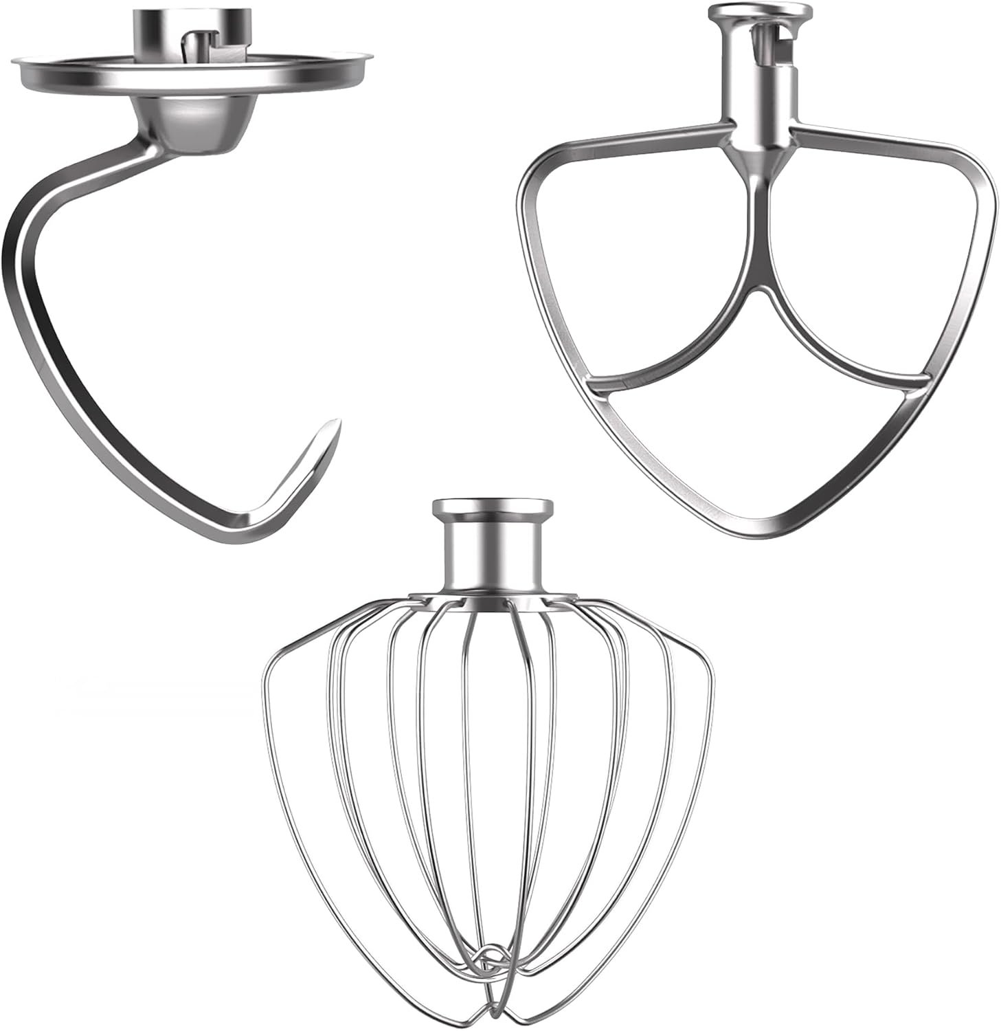 3-Piece Stainless Steel Mixer Attachment Kit for KitchenAid 4.5/5 QT Tilt-Head Mixers, K45WW Wire Whip, K45DH Dough Hook & K45B Coated Flat Beater, Baking Essentials Set, Dishwasher Safe
