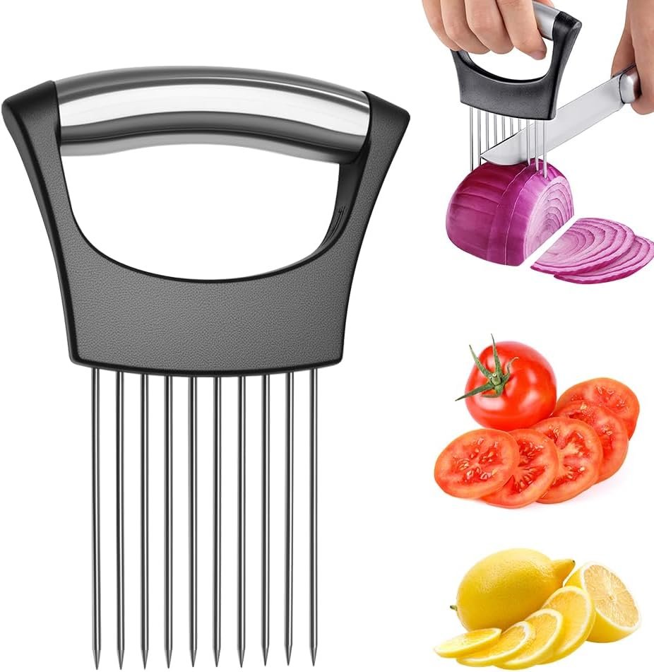 Onion Holder for Slicing, Onion Slicer and Chopper (1 Pack) | Stainless Steel Lemon Slicer Vegetable Cutter Kitchen Tool, Food Slicing Assistant for Meat, Tomato, Potato, Lemon
