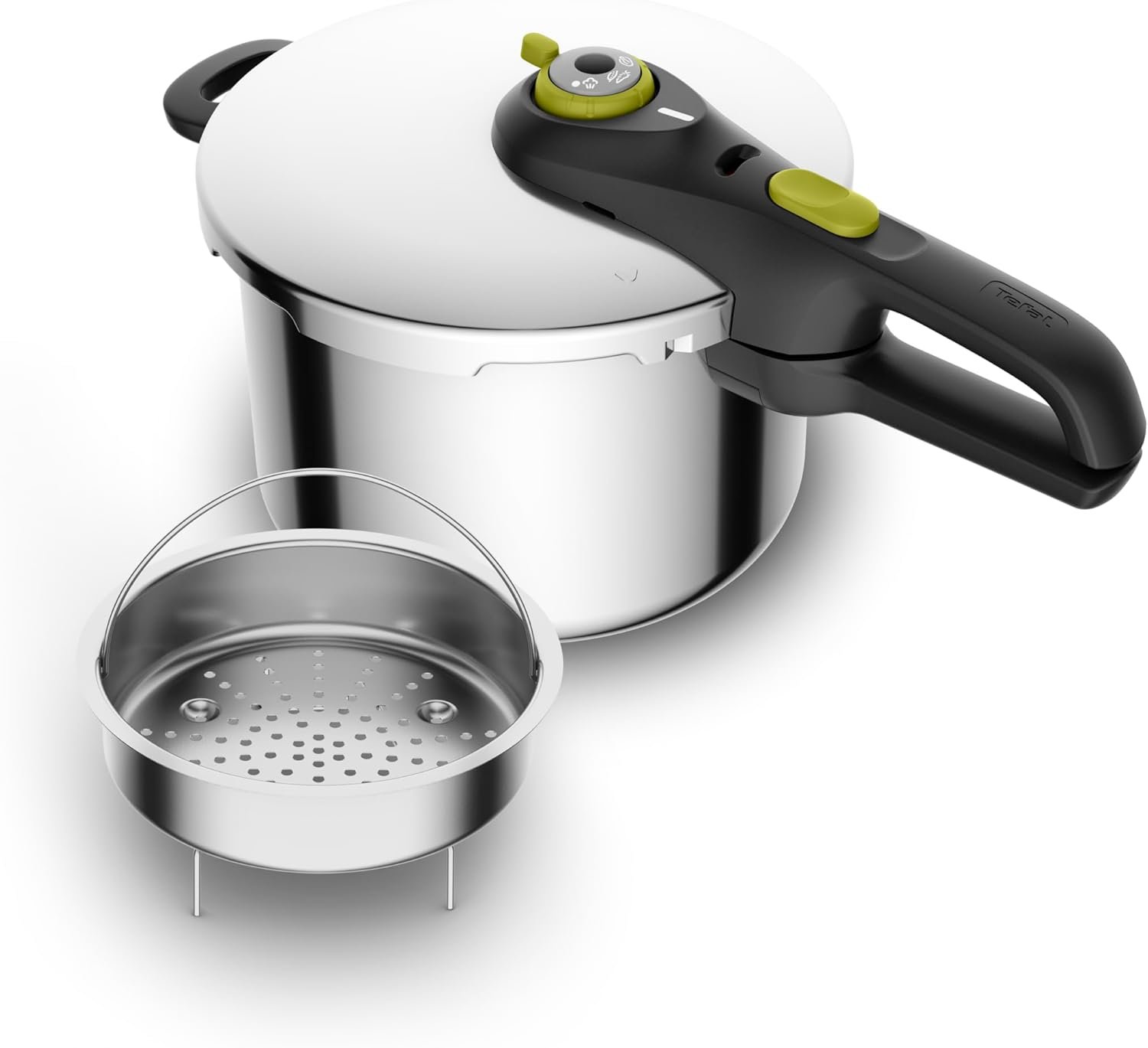 T-Fal Secure Stainless Steel Pressure Cooker, 6.3 Quart, Steam Basket, Induction, Secure Locking System, Easy and Safe Opening, Compatible with All Cooktops, Dishwasher Safe, Silver
