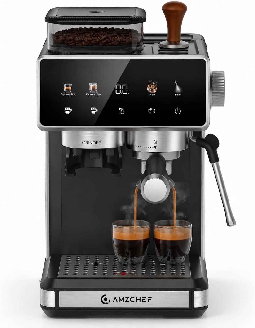 AMZCHEF Espresso Machine with Grinder, 20 Bar Coffee Maker with Milk Frother, 3-Level PID Temp Control, 20 Grind Settings, 3–10s Pre-Infusion, Latte & Cappuccino Maker for Home Barista, Black