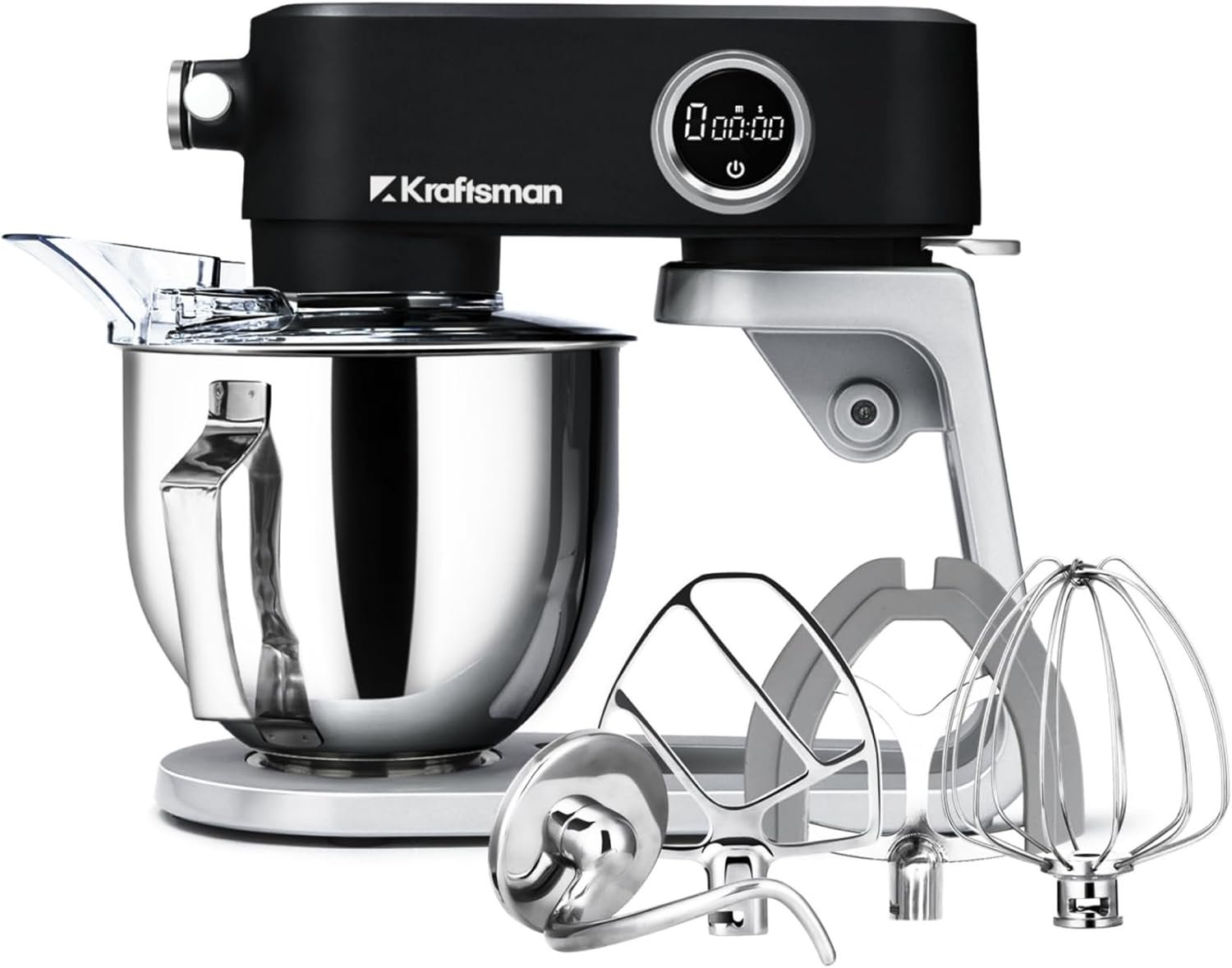All Metal Stand Mixer DC Motor – 5.3 QT Heavy Duty Pizza Dough Mixer with 4 Stainless Steel Attachments, Quiet Operation with Timer, Verstile Standing Mixer with Power Hub, 8-Speed (Black)