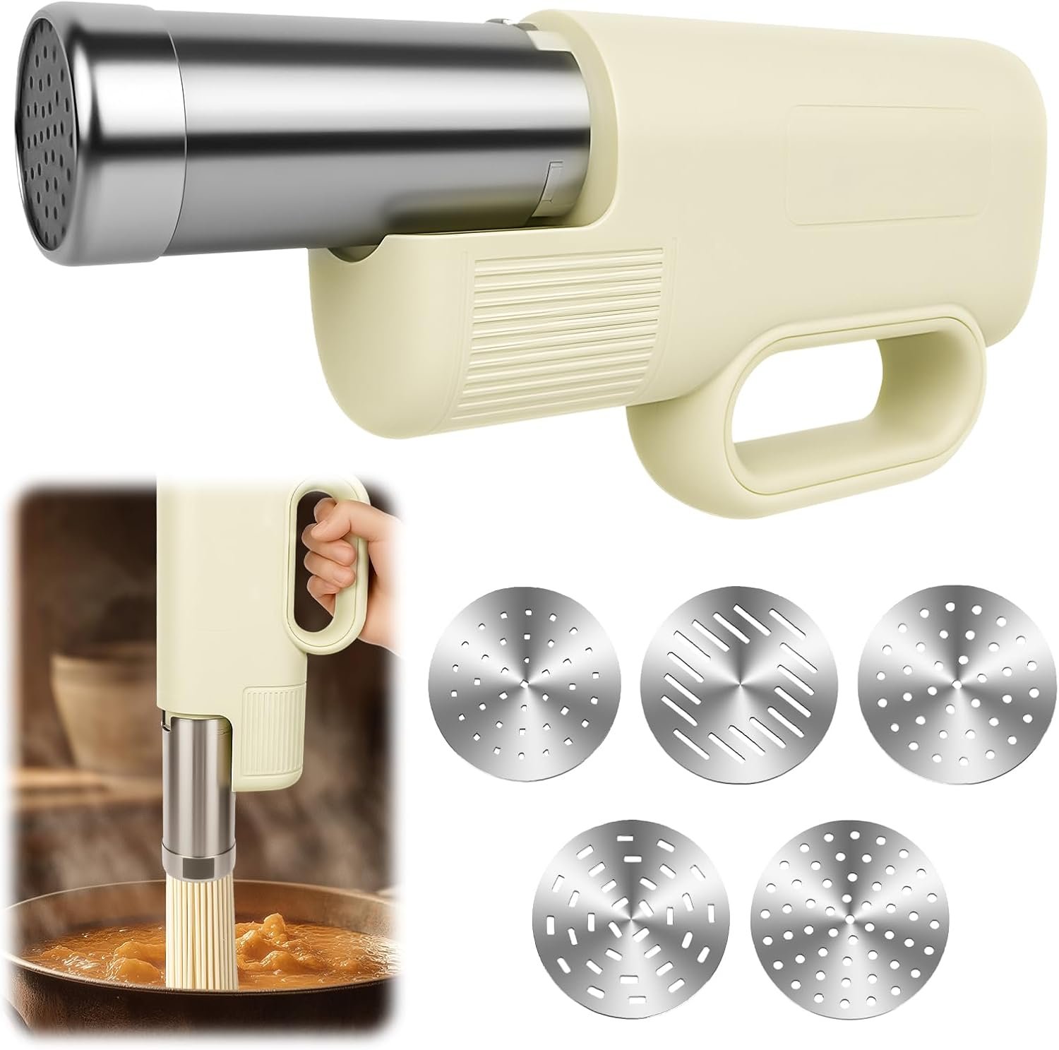 5 In 1 Automatic Electric Pasta Maker – Handheld Pasta Maker Machine for Homemade Pasta, DIY Appam, Idiyappam, Cordless Noodle Maker with Ergonomic Grip for Home, Breakfast Store, Restaurant