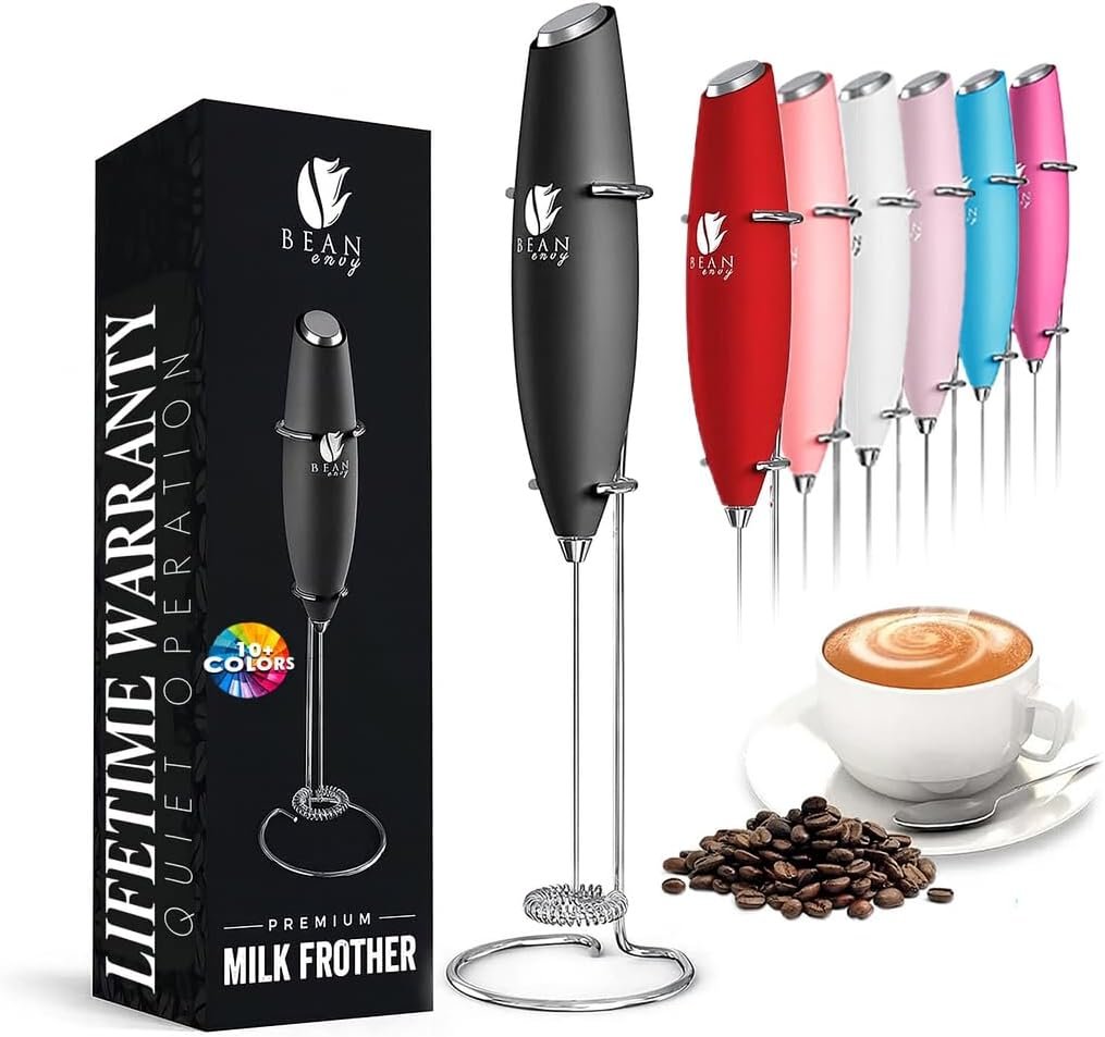 Bean Envy Milk Frother, Coffee Stirrers, Frother Wand, Milk Frother Handheld, Frother with stand, Hand Blender for Coffee, Lattes, Cappuccino, Matcha and Hot Chocolate – Kitchen Gifts – Black