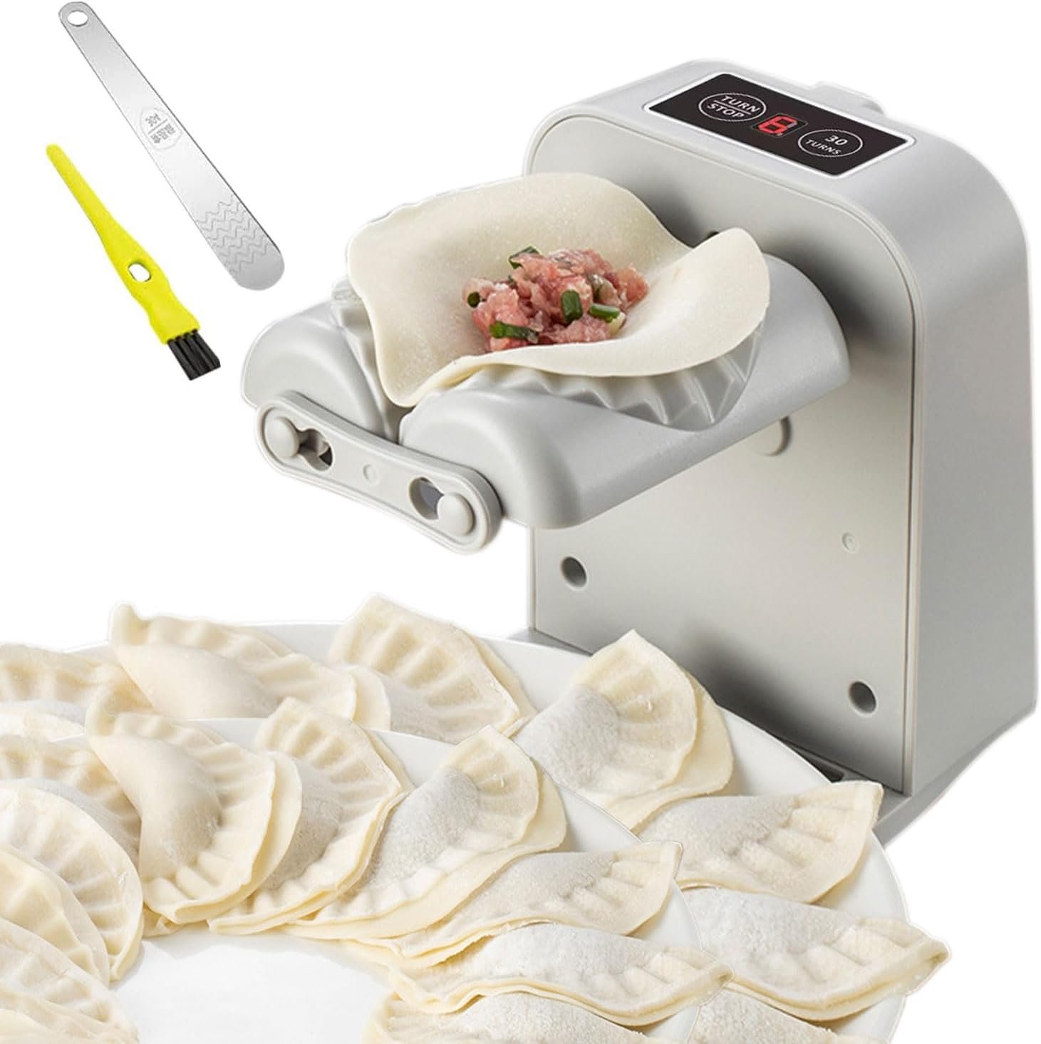 Automatic Electric Dumpling Press Maker Machine – Adjustable and Easy to Operate, With Spoon and Brush – For Home Kitchen Pastry Making (White)