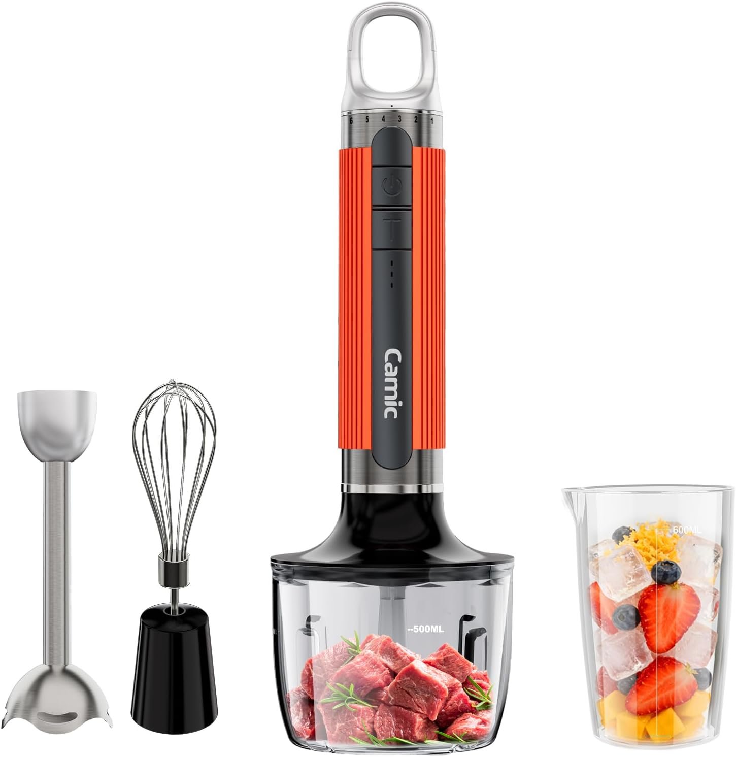 Cordless Immersion Hand Blender with Charging, 4 in 1 Handheld Blenders Set, 6-Speed Turbo, Wall-Mountable Design, Includes Chopper, Whisk & Frother for Soup, Baby Food & Smoothies (Orange)