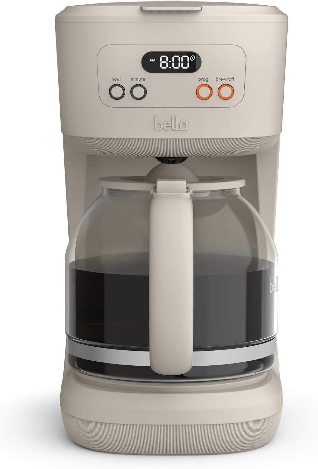 BELLA 12 Cup Programmable Coffee Maker, Reusable Dishwasher Safe Accessories, Easy LCD display, Auto Shutoff, 900 watt, Oatmilk