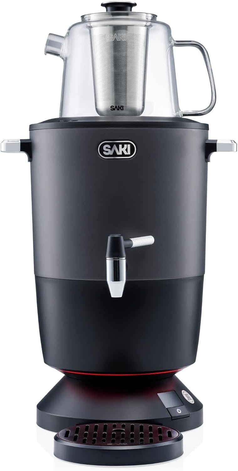 SAKI Chaiovar Electric Samovar – 4L Stainless Steel Electric Tea Maker, Temperature Display, Large Glass Teapot, Boil Dry & Auto Shut Off, Best for Persian, Russian, and Turkish Tea (Space Grey)