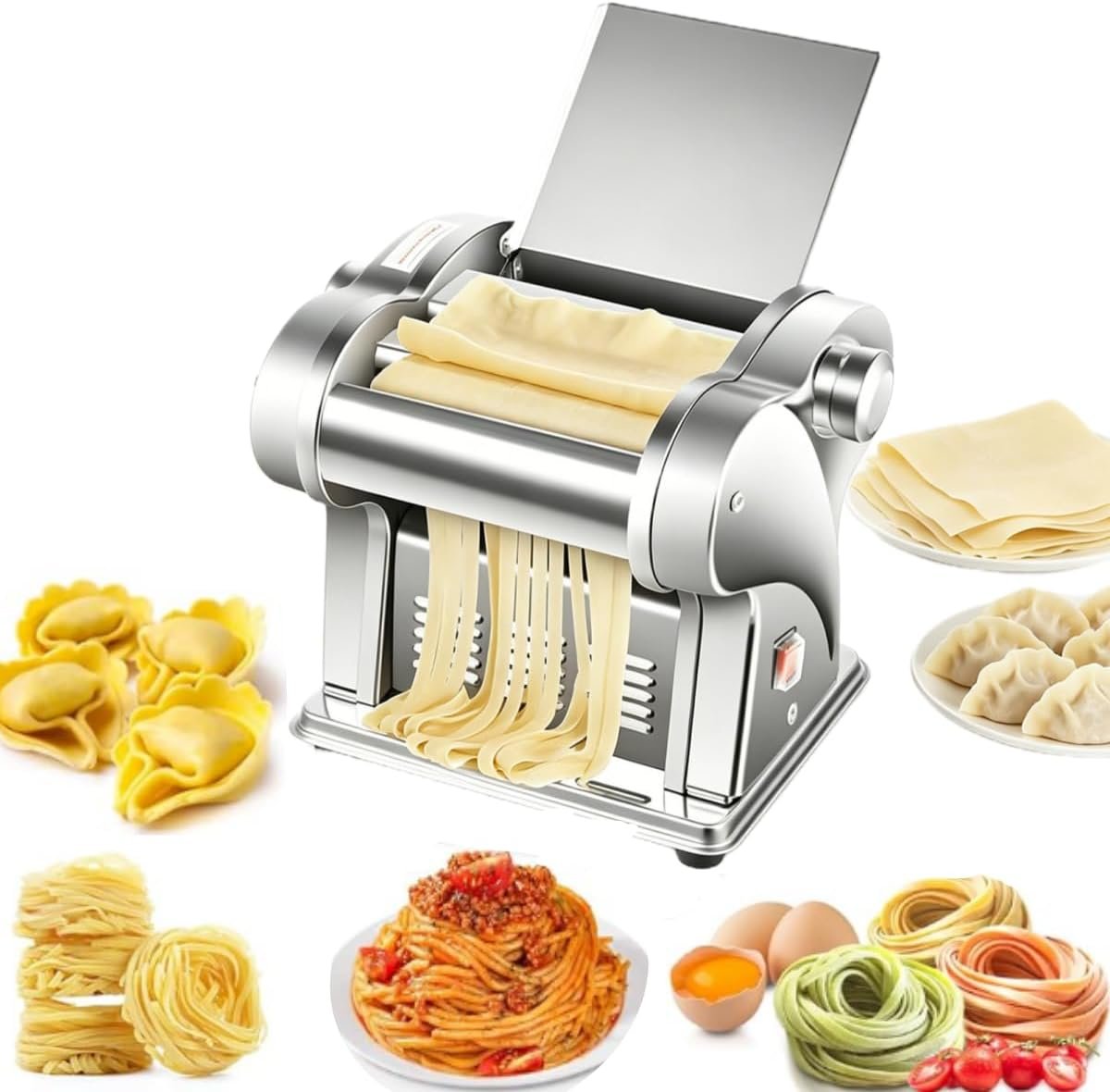 Electric Pasta Maker Machine-135W Stainless Steel Noodle Press with 8 Thickness Settings, Dough Roller & 2 Flat Noodle Cutters (2mm/4mm) for Home Kitchen Use