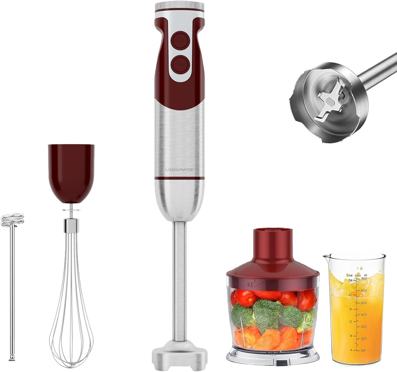 MegaWise 5-in-1 Immersion Hand Blender Set with Variable Speed, 400W, Stainless Steel – Includes Chopper, Whisk, Milk Frother, and Beaker – Ideal for Soups, Smoothies, Baby Food & More (RED)