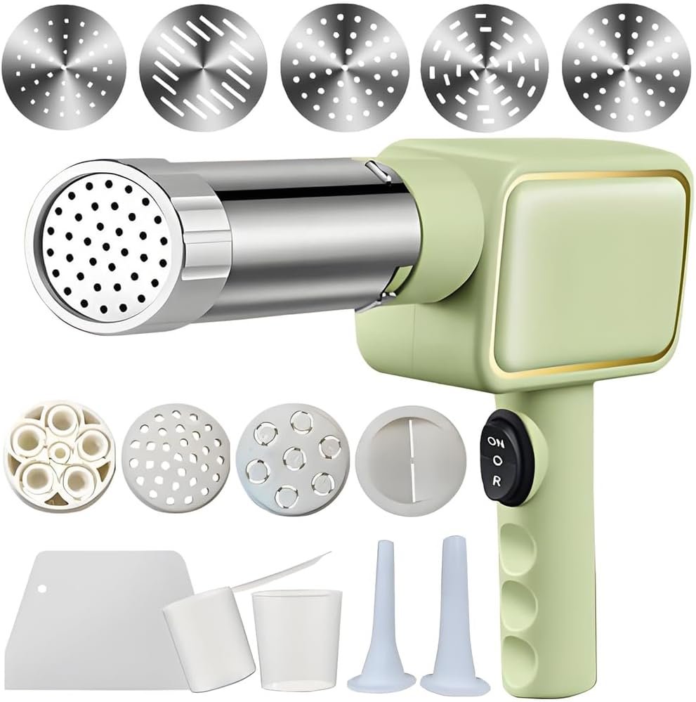 Electric Pasta Maker, Handheld Pasta Maker Machine, All-In-One Cordless Noodle Machine, with Shaping Molds And Cutter,Green