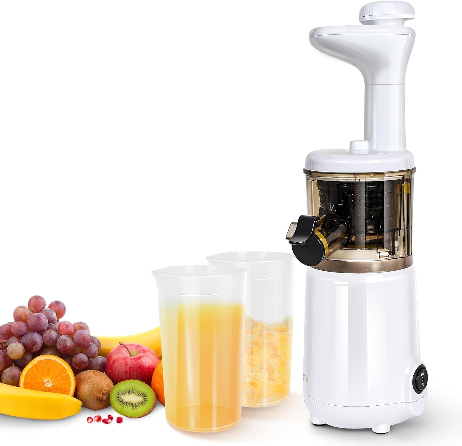 CAYNEL Compact and Portable Cold Press Juice, Masticating Slow Juicer with 1.77” Extra Wide Inlet Funnel for Fruites and Vegetables,Includes Brush, 16 oz Juice Cup, Easy to Clean,White