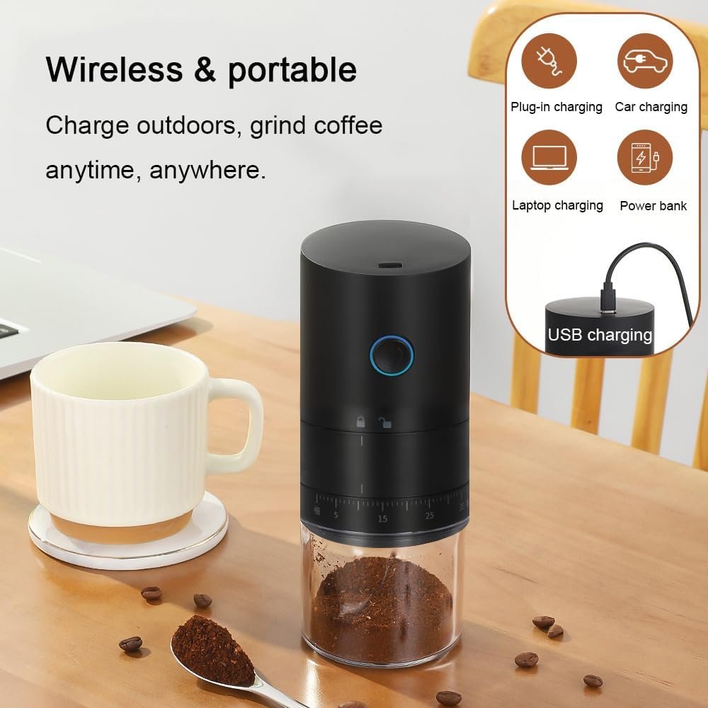Portable Electric Burr Coffee Grinder with 38 Adjustable Grind Settings – USB Rechargeable Ceramic Core Conical Burr, Coffee Bean Grinder for Espresso, French Press, Travel, Camping, Home & Office Use
