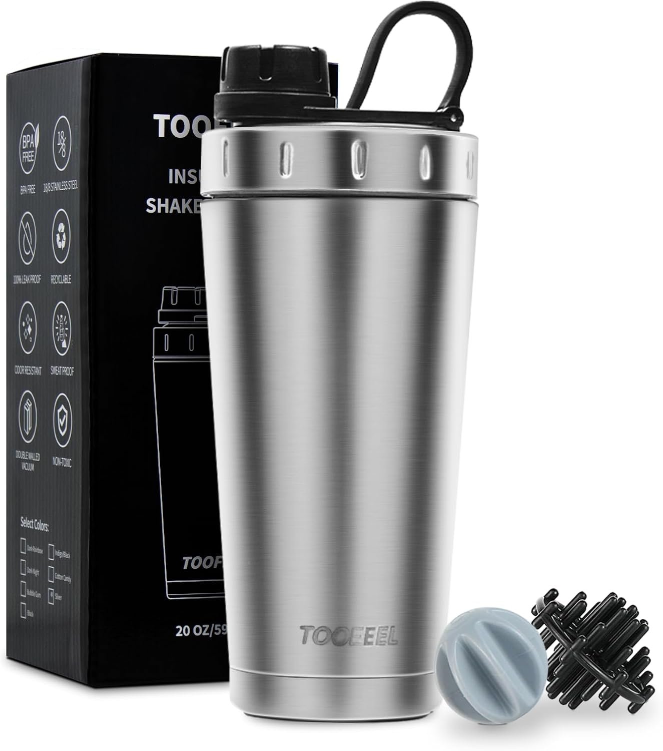 TOOFEEL Protein Shaker Bottle 20 oz – Double Walled Insulated Vacuum Cup for Protein Shakes, Keeps Cold/Hot, Metal Stainless Steel, Preworkout Gym