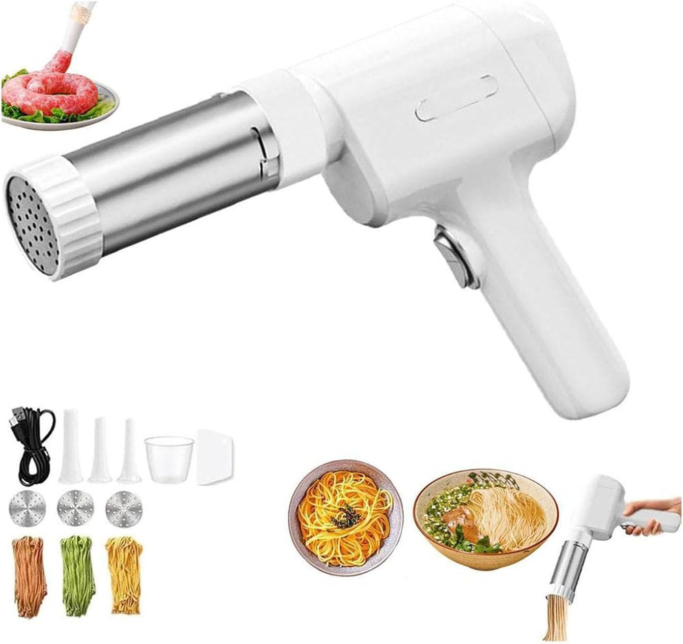 String Hopper Maker Electric,2025 New Idiyappam Maker Electric,Portable Household Handheld 5-in-1 Cordless Pasta Maker Machine,with 3/5 Interchangeable Molds,for Making Spaghetti Linguine,Sausage