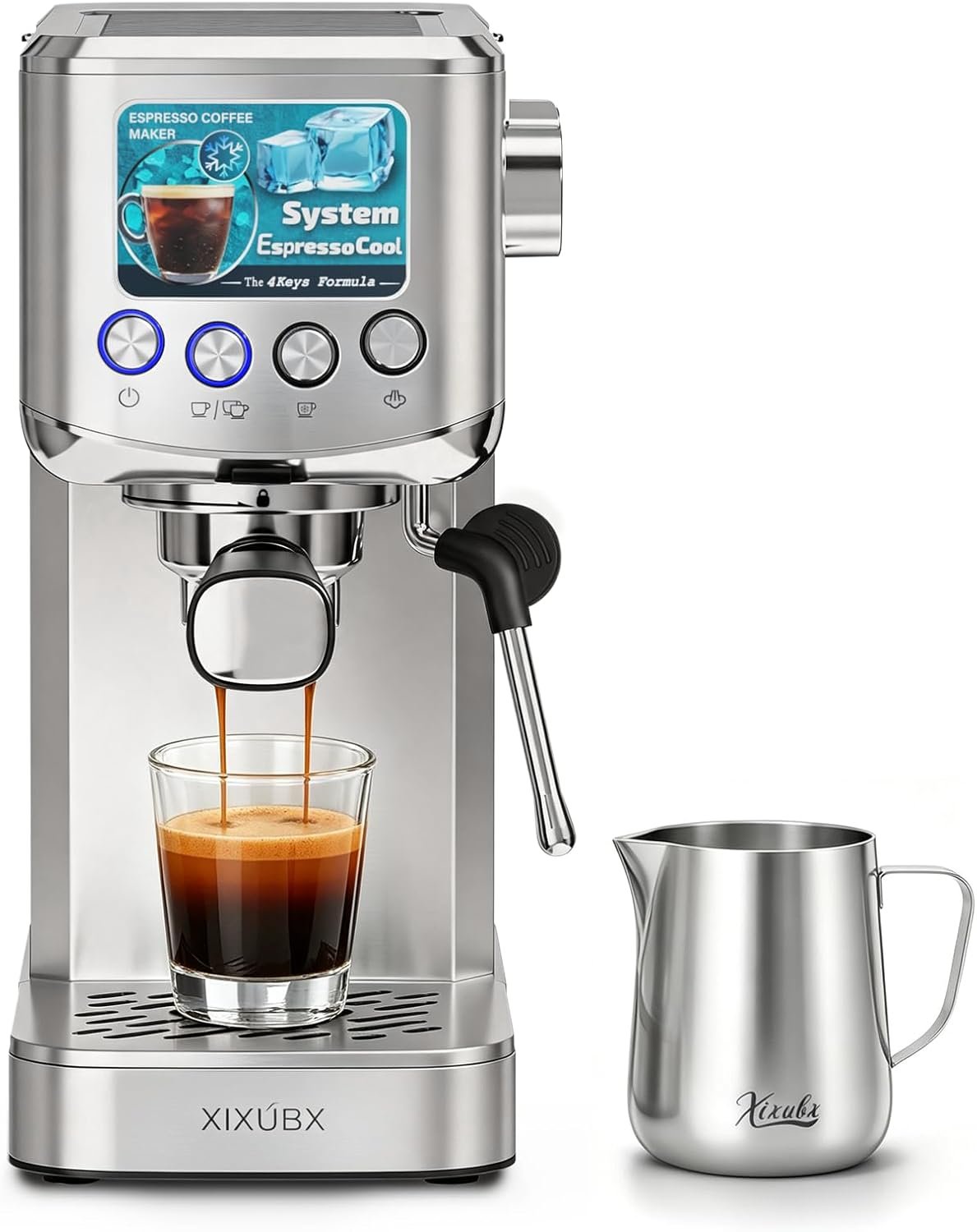 XIXUBX 20 Bar Espresso & Cold Brew Coffee Maker with Milk Frother, 42oz Removable Tank, Stainless Steel, Perfect for Cappuccino, Latte, Home & Office, Silver