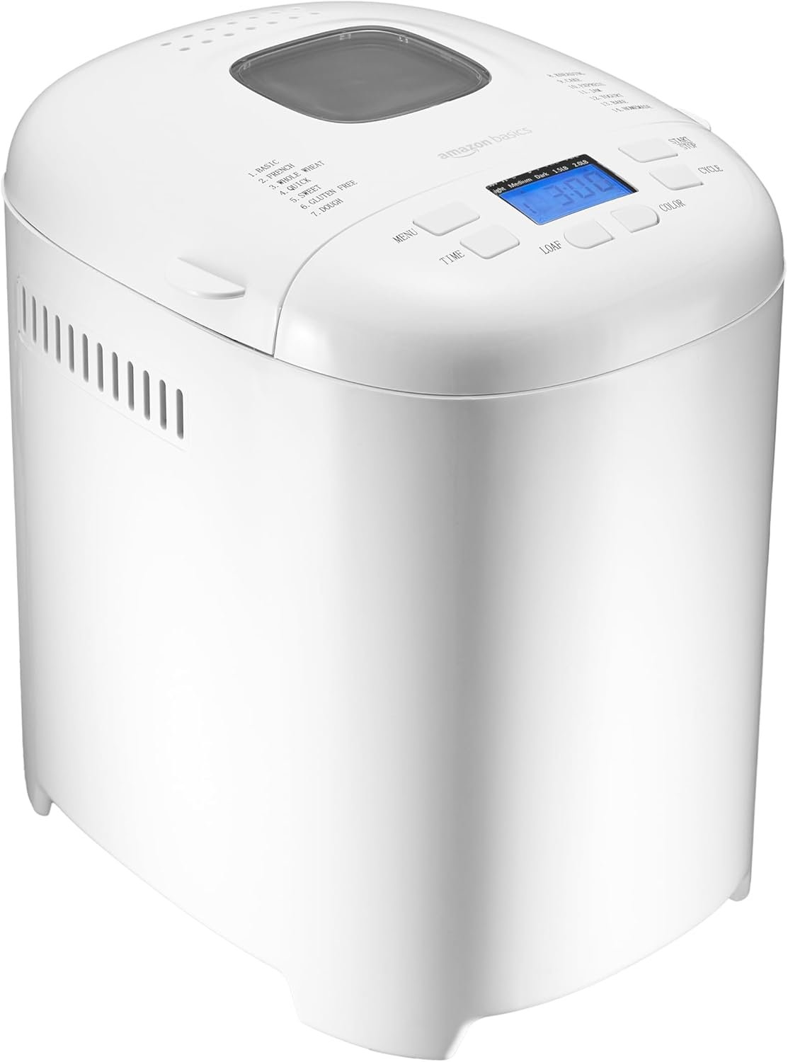 Amazon Basics Programmable Bread Maker, 2 Pound Non-Stick Automatic Bread Making Machine, 14 Settings for Breads, Doughs, Gluten-Free Options, ExpressBake, 3 Crust Colors, LCD Display, White